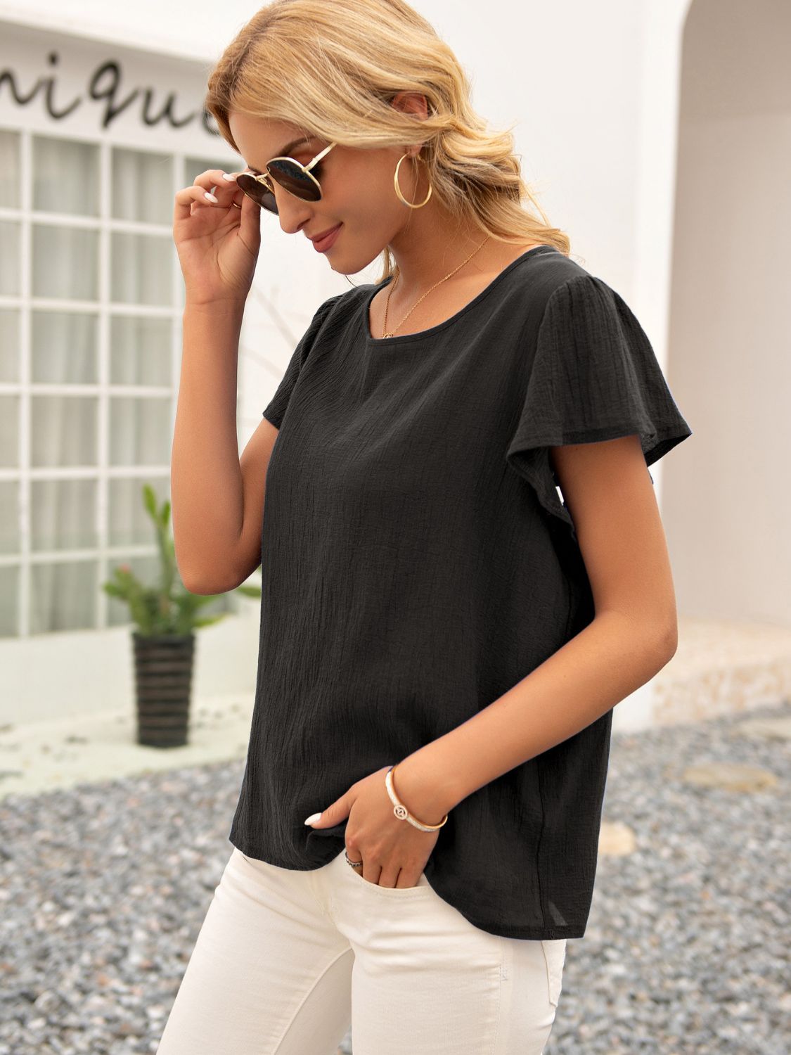 Ivy Lane Round Neck Cutout Tie Back Top in Black, view 3
