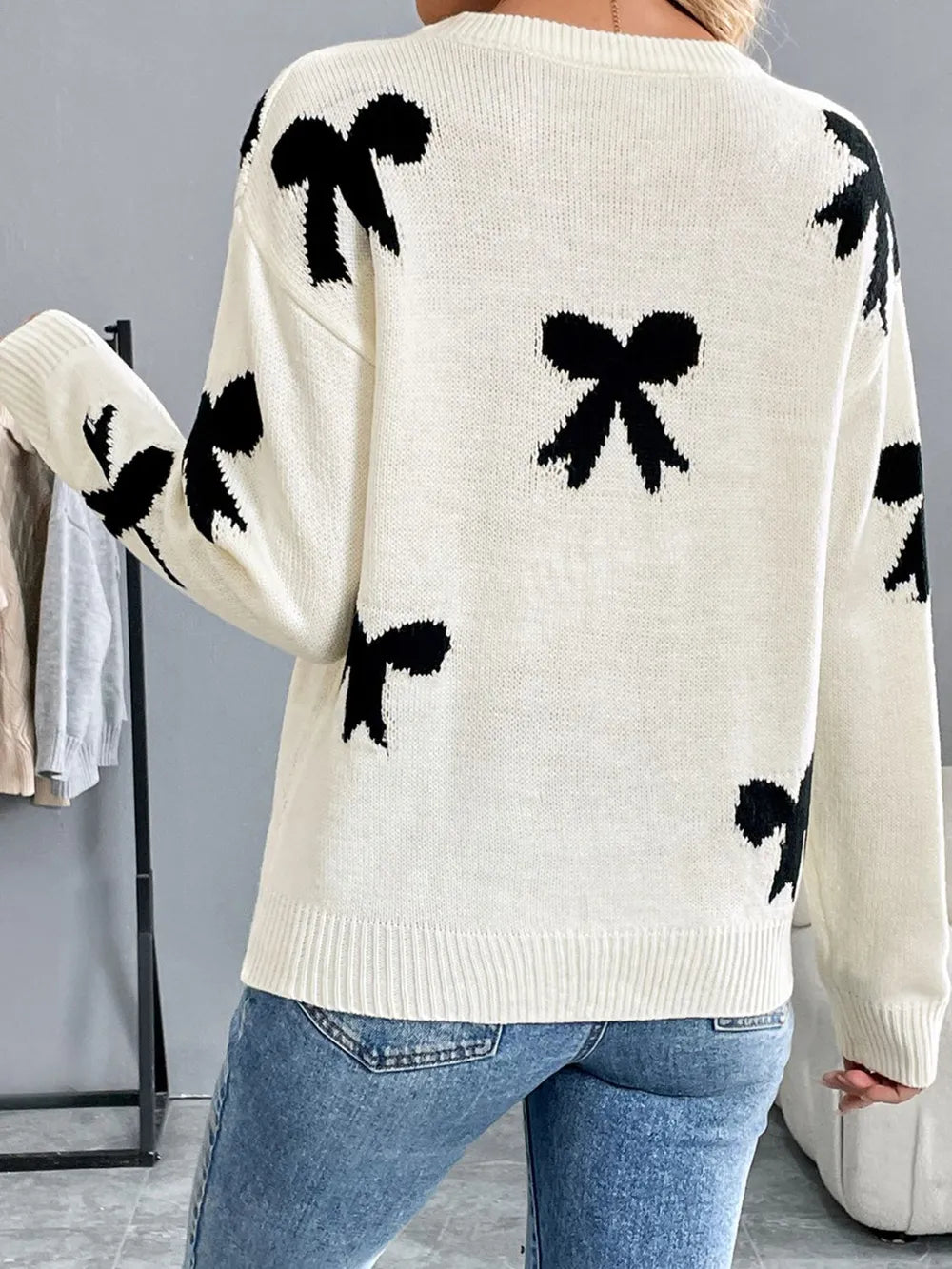 Perfee Bow Graphic Round Neck Long Sleeve Sweater in Cream, view 2