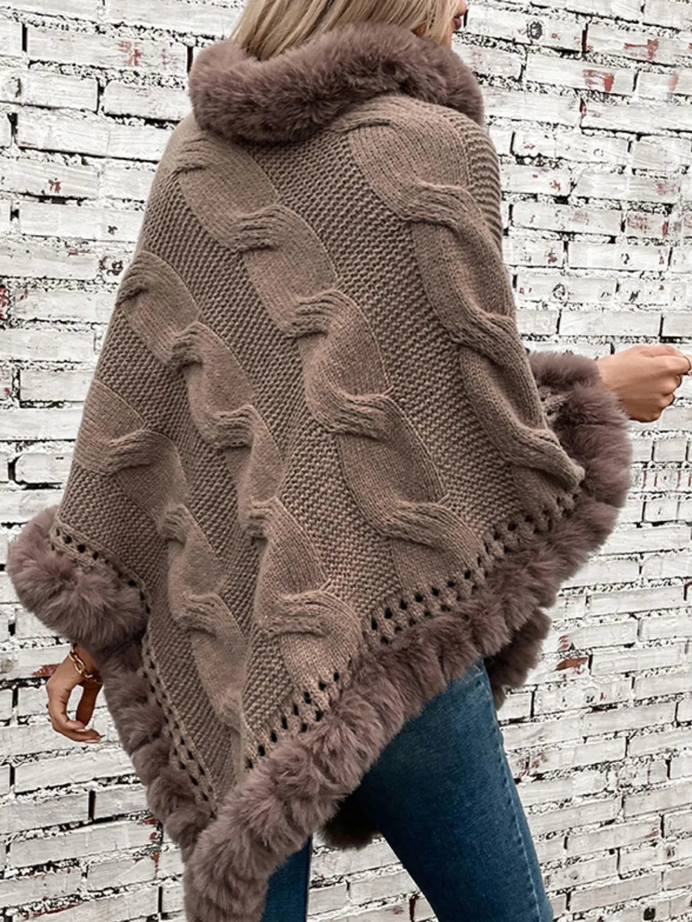 Fuzzy Hem Cable-Knit Poncho - Lilixa.store