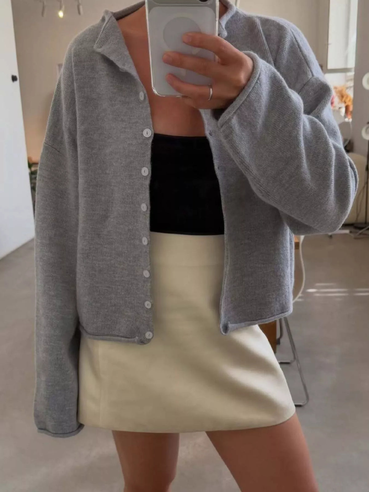 Mock Neck Button-Down Knit Cardigan in Light Gray
