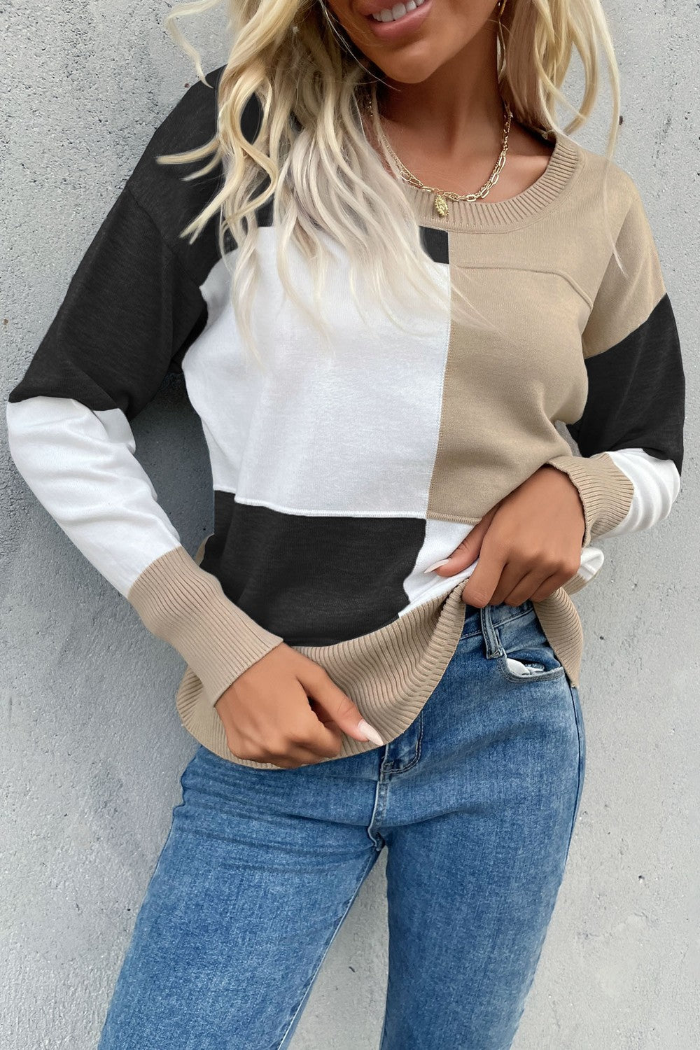 Perfee Color Block Ribbed Trim Round Neck Knit Pullover - Lilixa.store