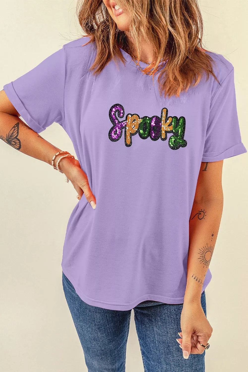 Full Size Spooky Sequin Letter Patched Cotton Blend T Shirt Plus Size - Lilixa.store