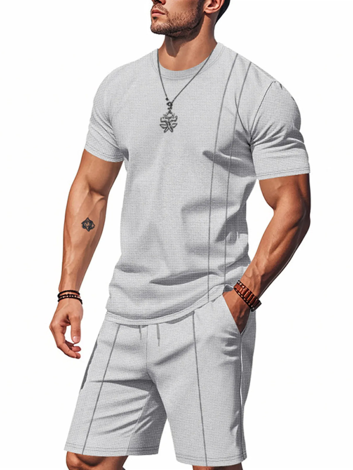 Men's Full Size Round Neck Short Sleeve Top and Shorts Set Plus Size in Light Gray
