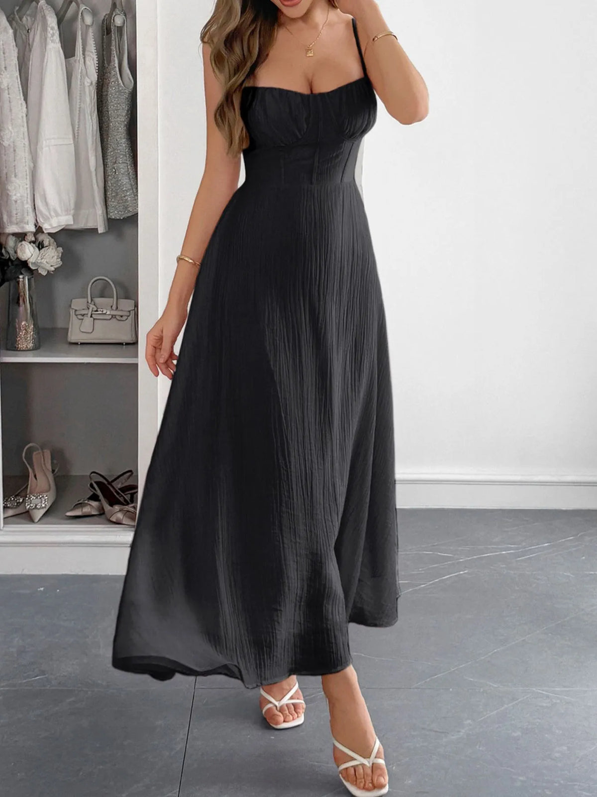 Texture Sweetheart Neck Backless Cami Dress - Lilixa.store