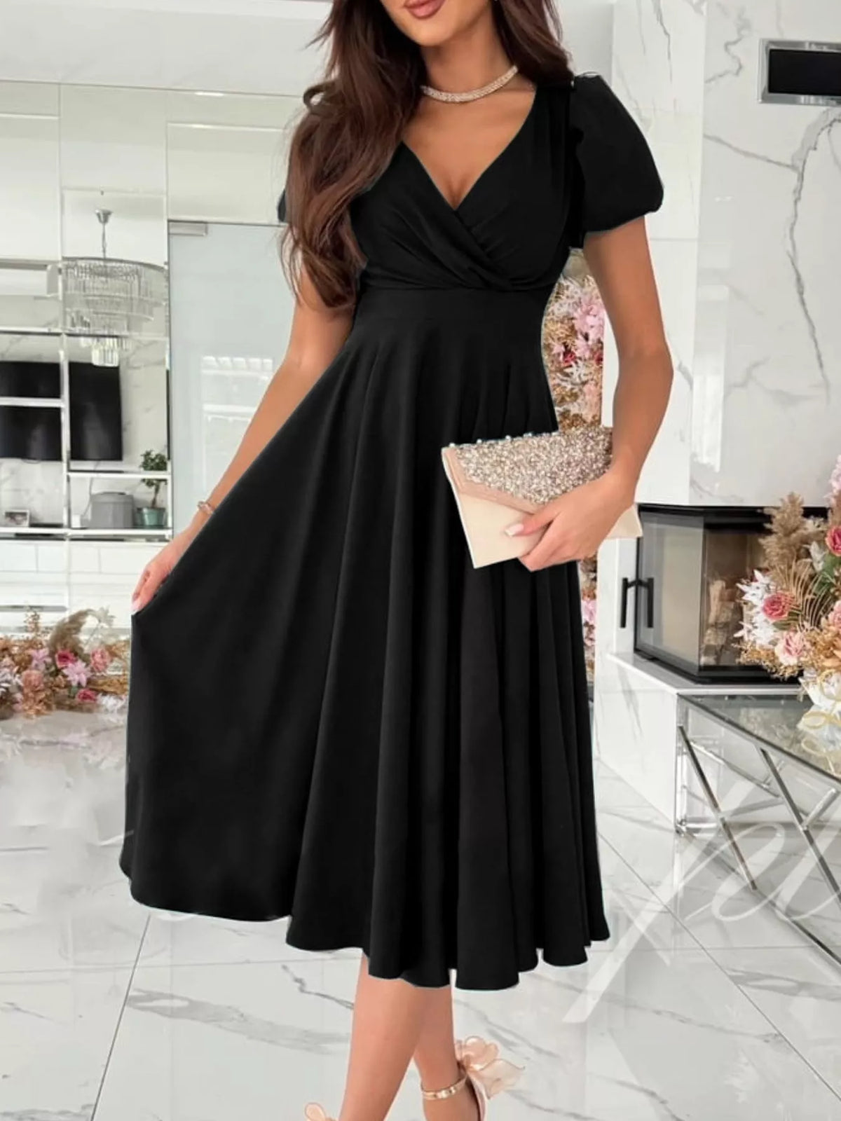 Surplice Puff Sleeve Midi Dress in Black