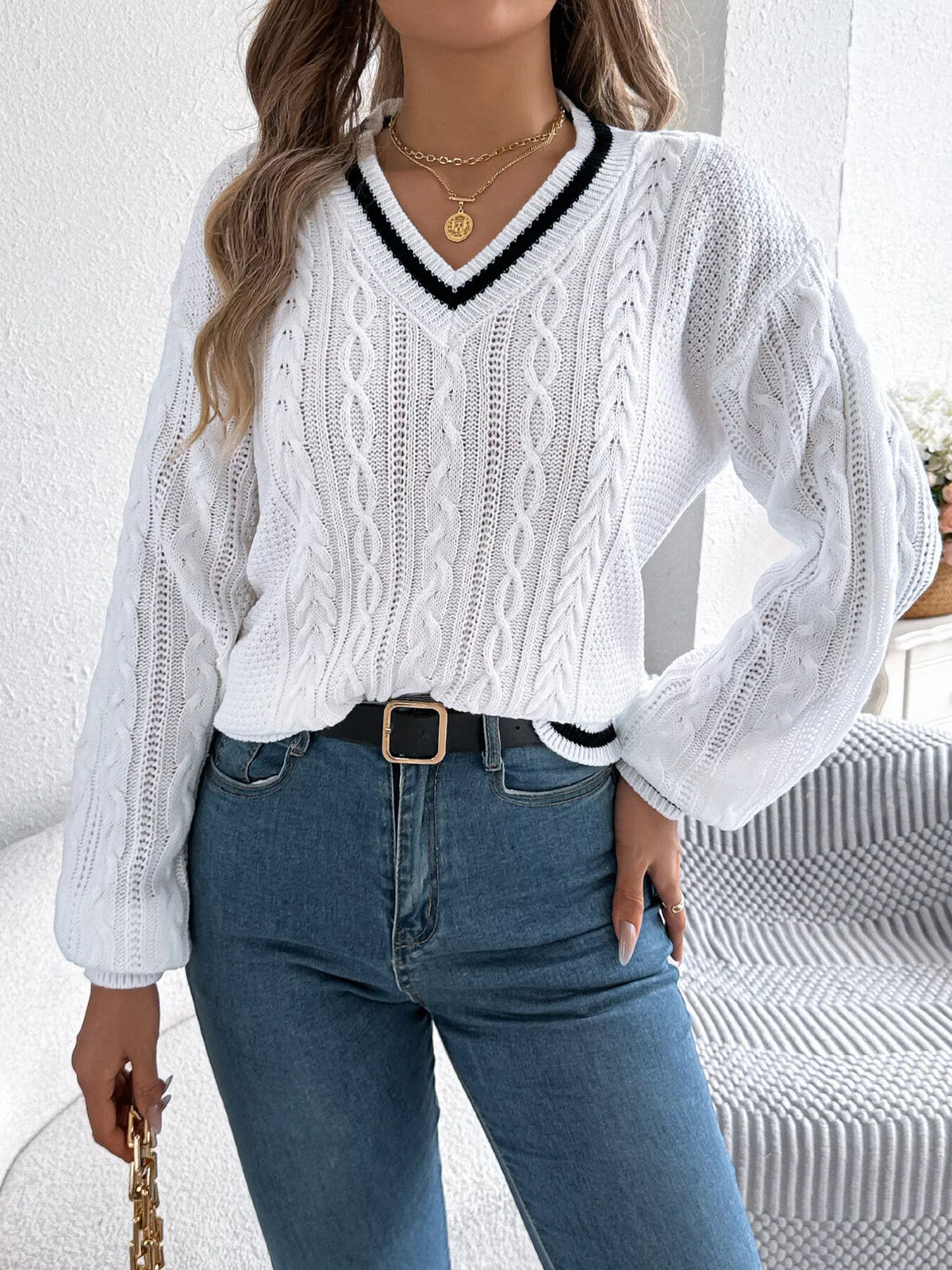 V-Neck Cable Knit Sweater with Striped Trim