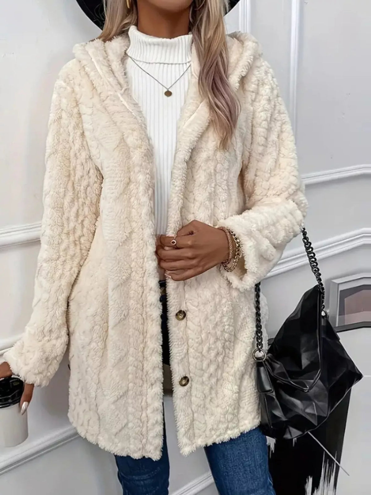 Full Size Button-Down Hooded Outerwear Plus Size in White