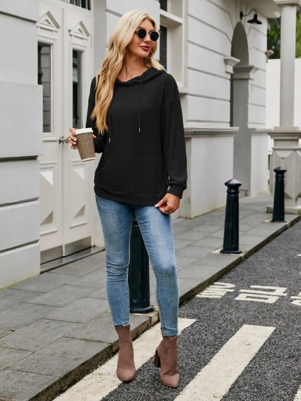 Ribbed Drawstring Long Sleeve Hoodie - Lilixa.store