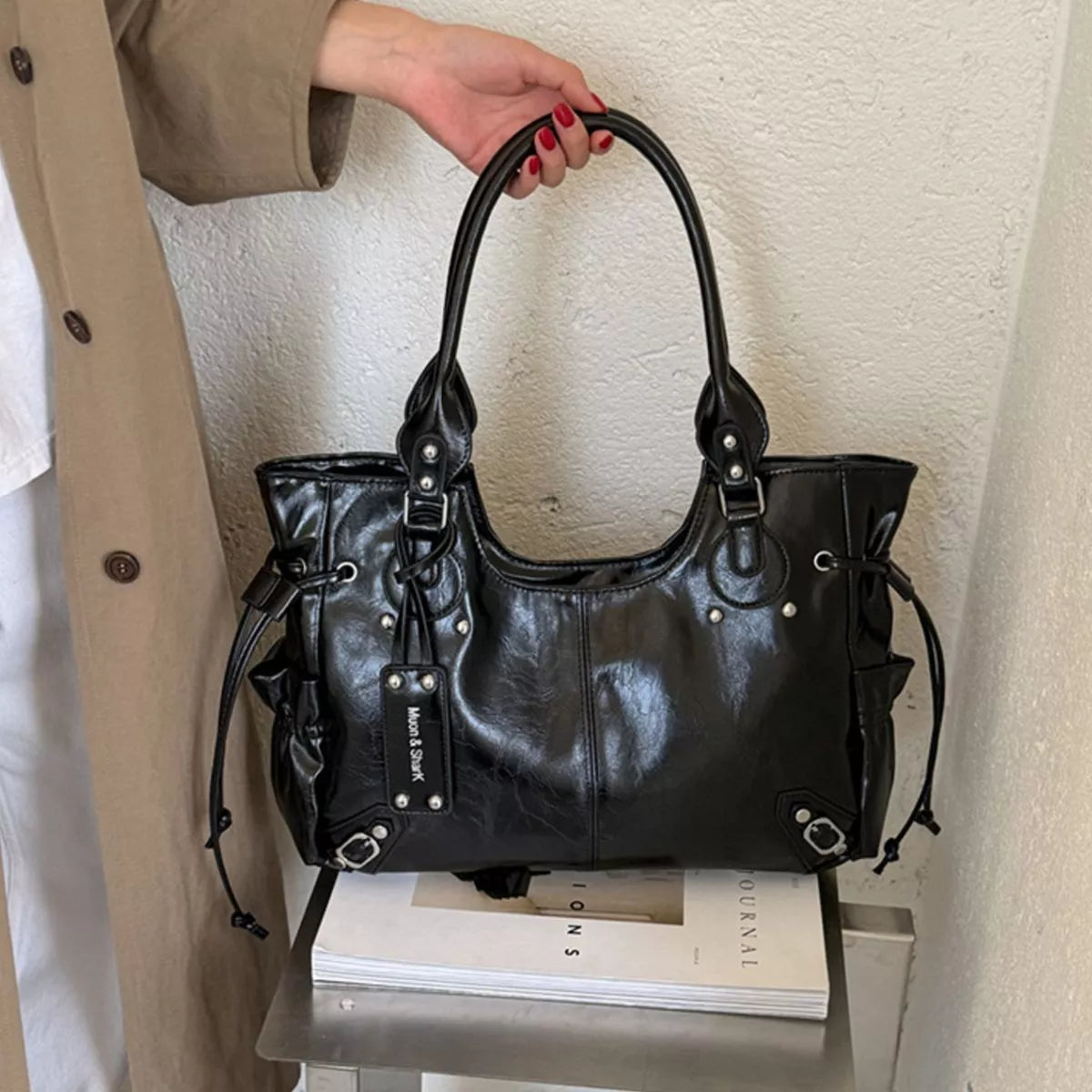 Drawstring Leather Handbag