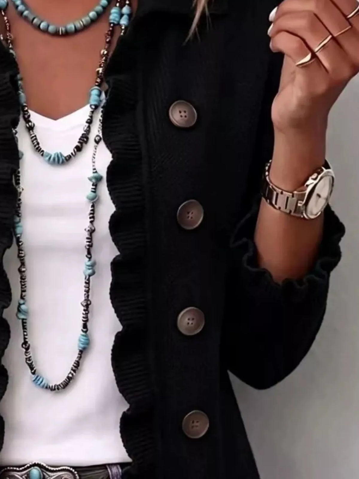 Full Size Ruffled Trim Decorative Button Cardigan Plus Size - Lilixa.store