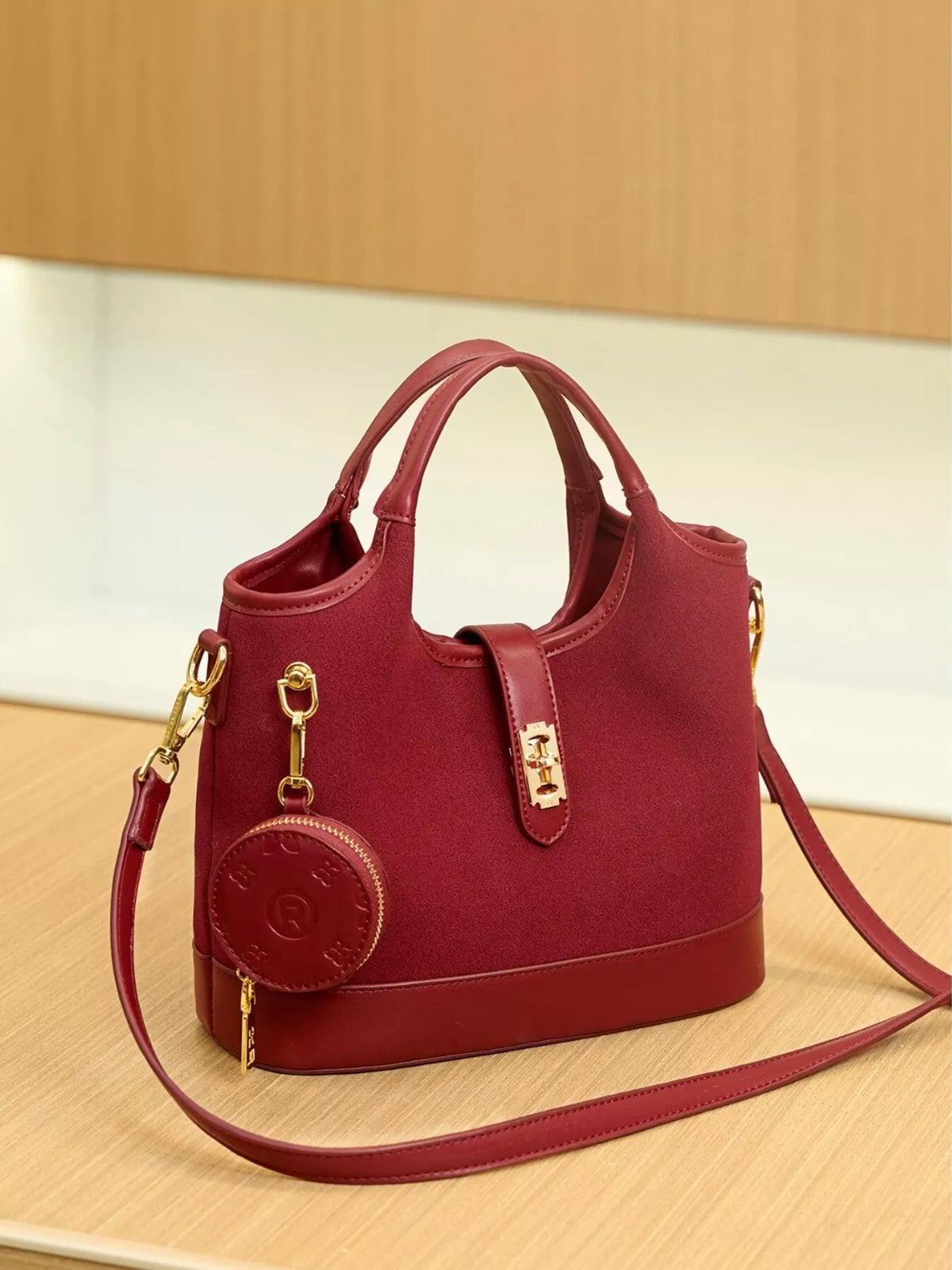 Suede Crossbody Bag with Detachable Coin Pouch in Wine Red, view 10