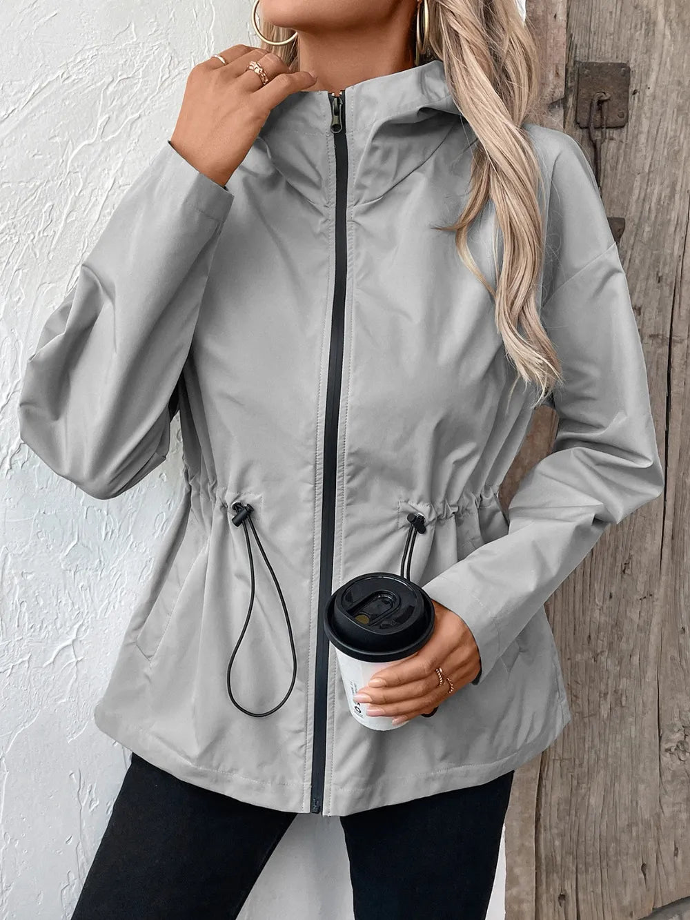 Ivy Lane Drawstring Zip Up Hooded Jacket, view 4