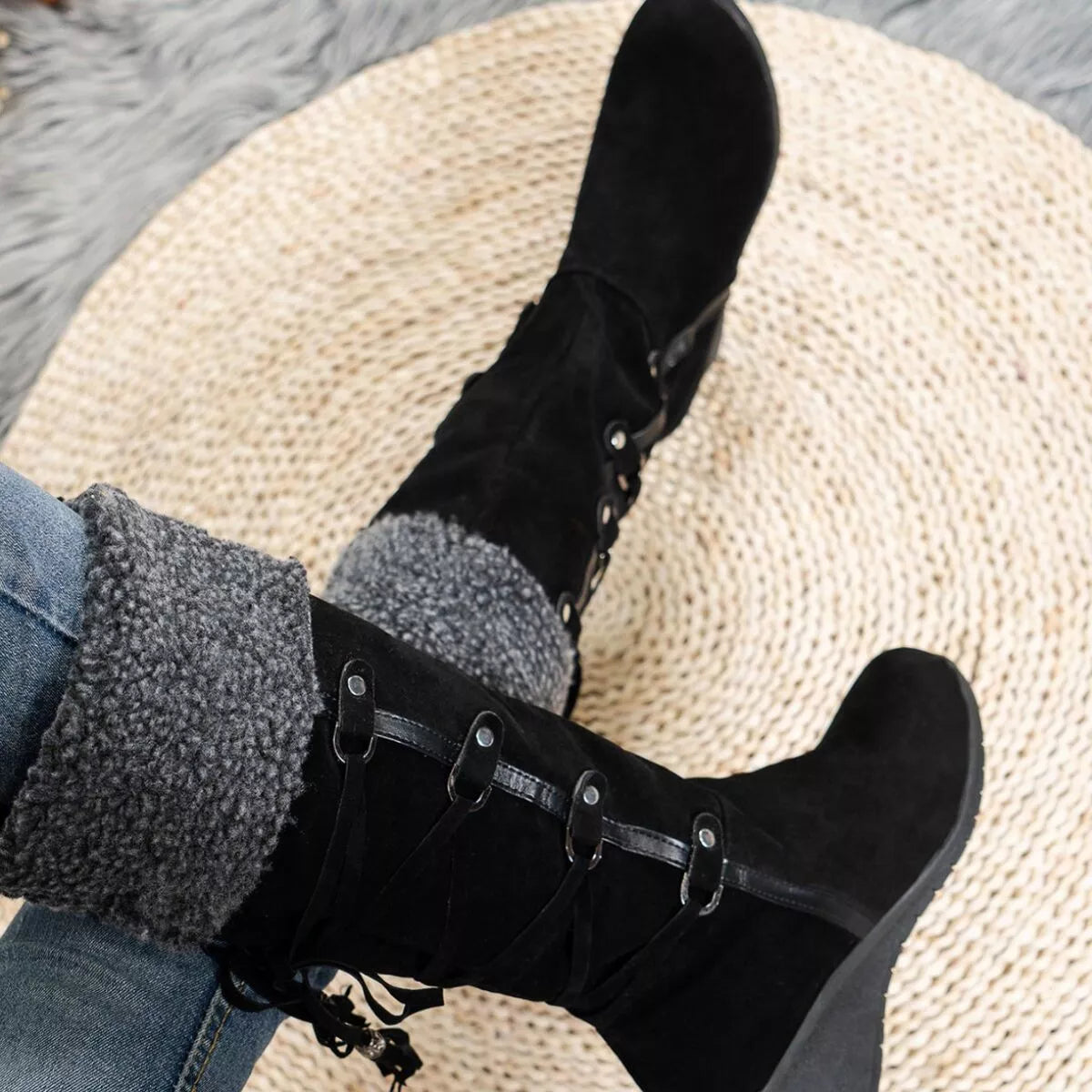 Faux Fur Lined Suede Wedge Boots with Lace-Up Detail, view 5