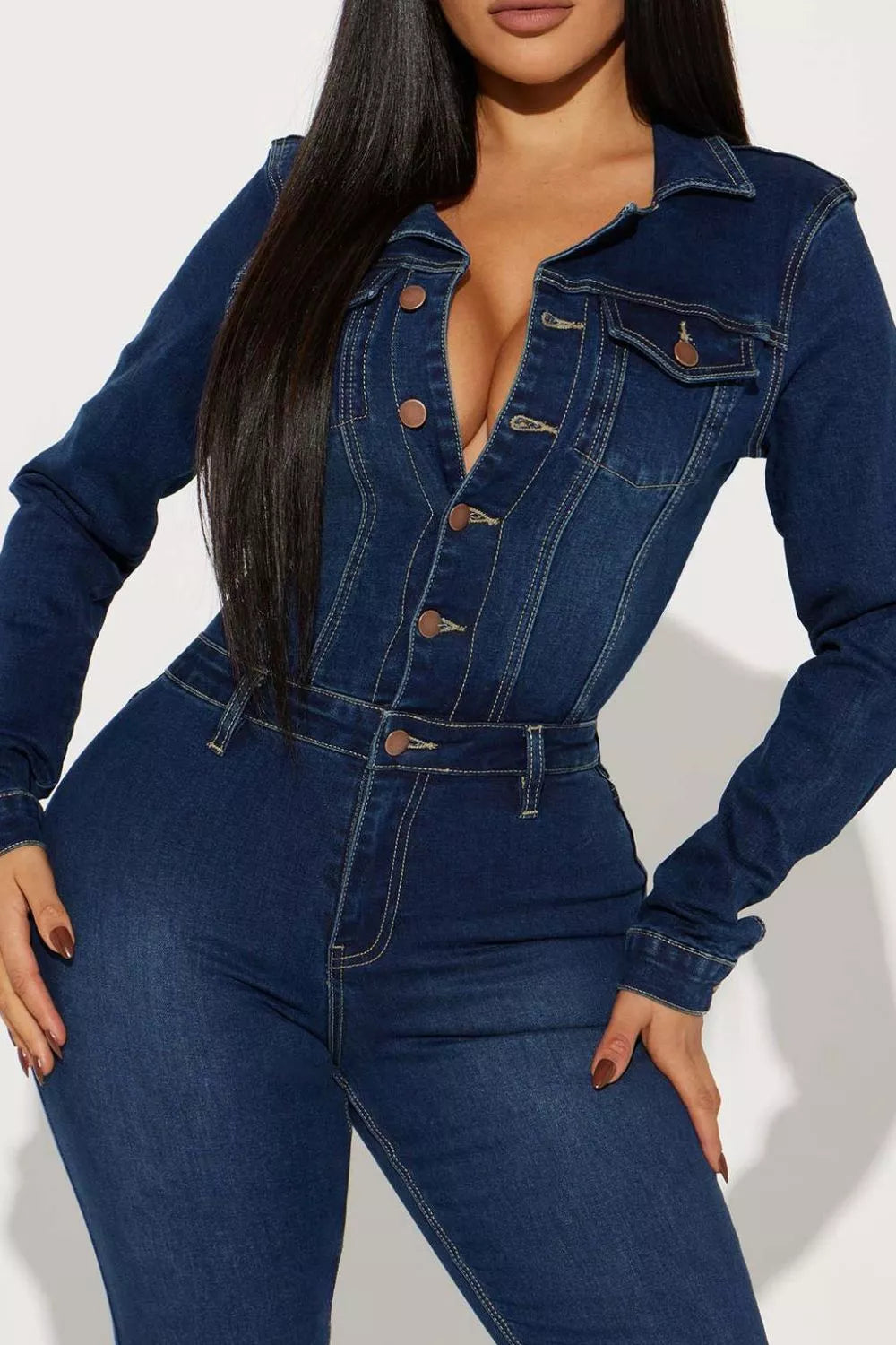 Slim-Fit Long Sleeve Denim Jumpsuit with Flared Legs in Dark Blue, view 4
