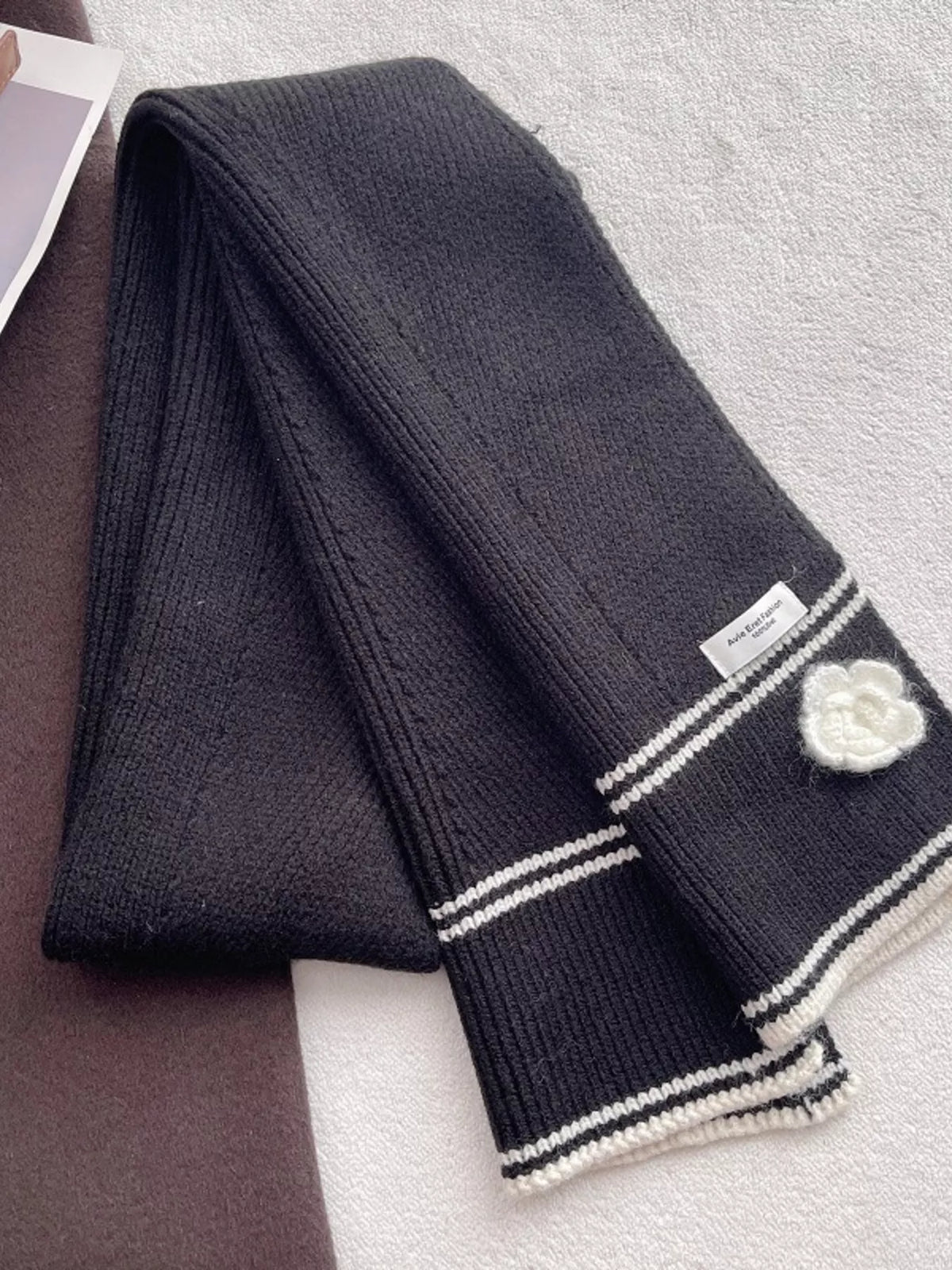 Contrast Trim Knitted Scarf with Camellia Decorn in Black, view 2