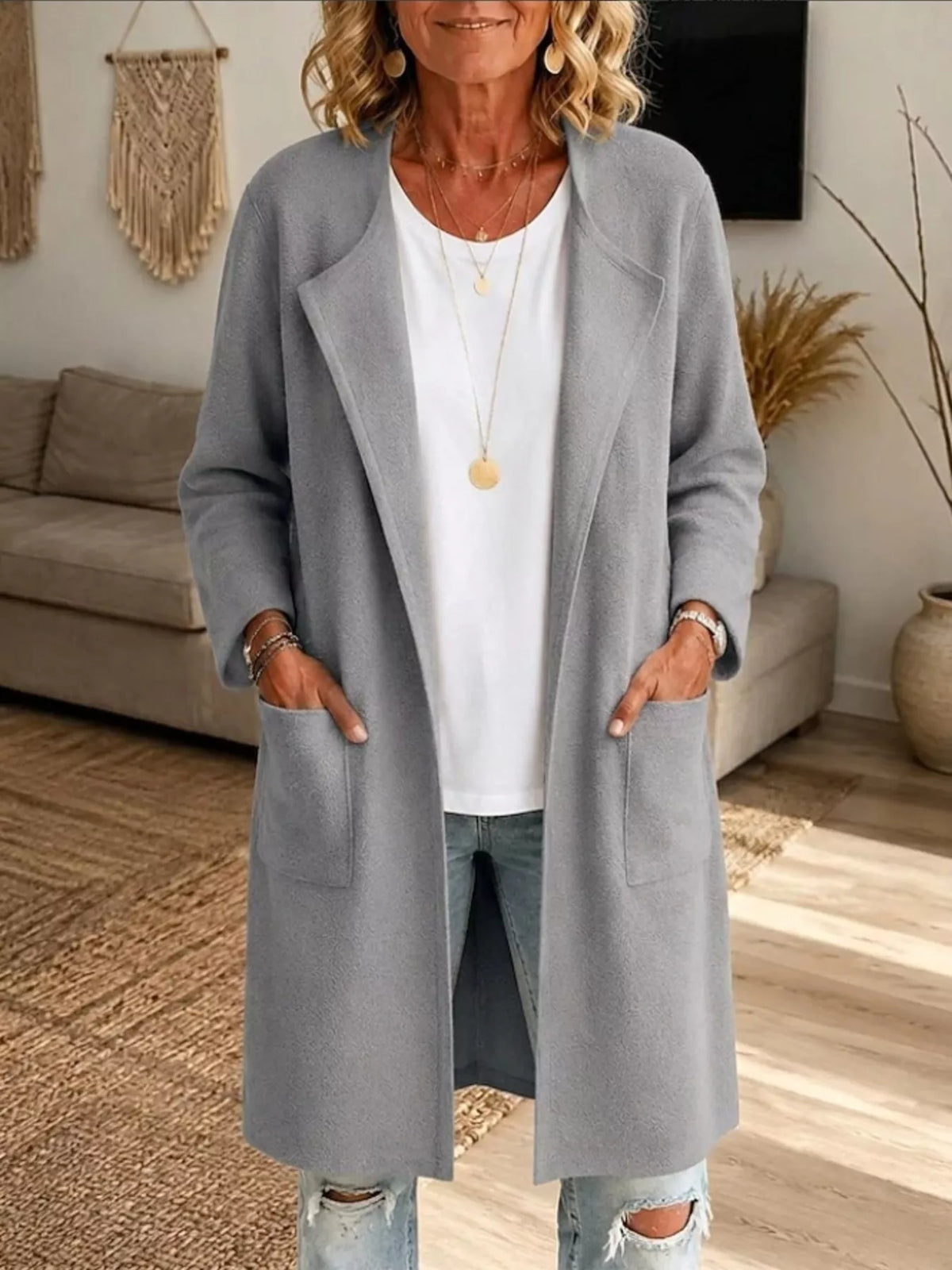 Full Size Open-Front Longline Knit Outerwear Plus Size in Gray