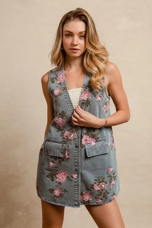 BiBi Floral Print Washed Denim Long Rider Vest, view 5