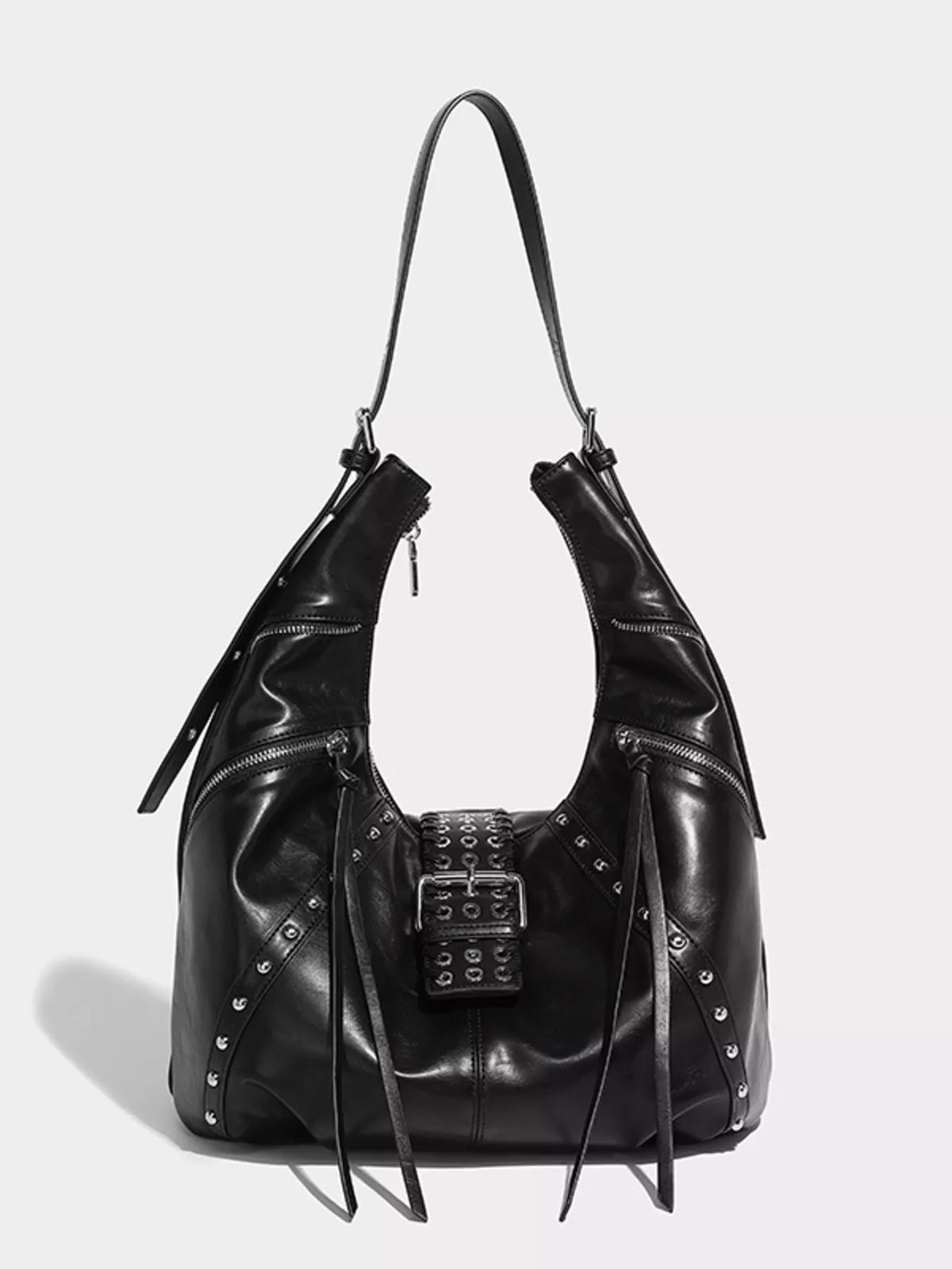 Studded Patent Leather Hobo Shoulder Bag in Black, view 2