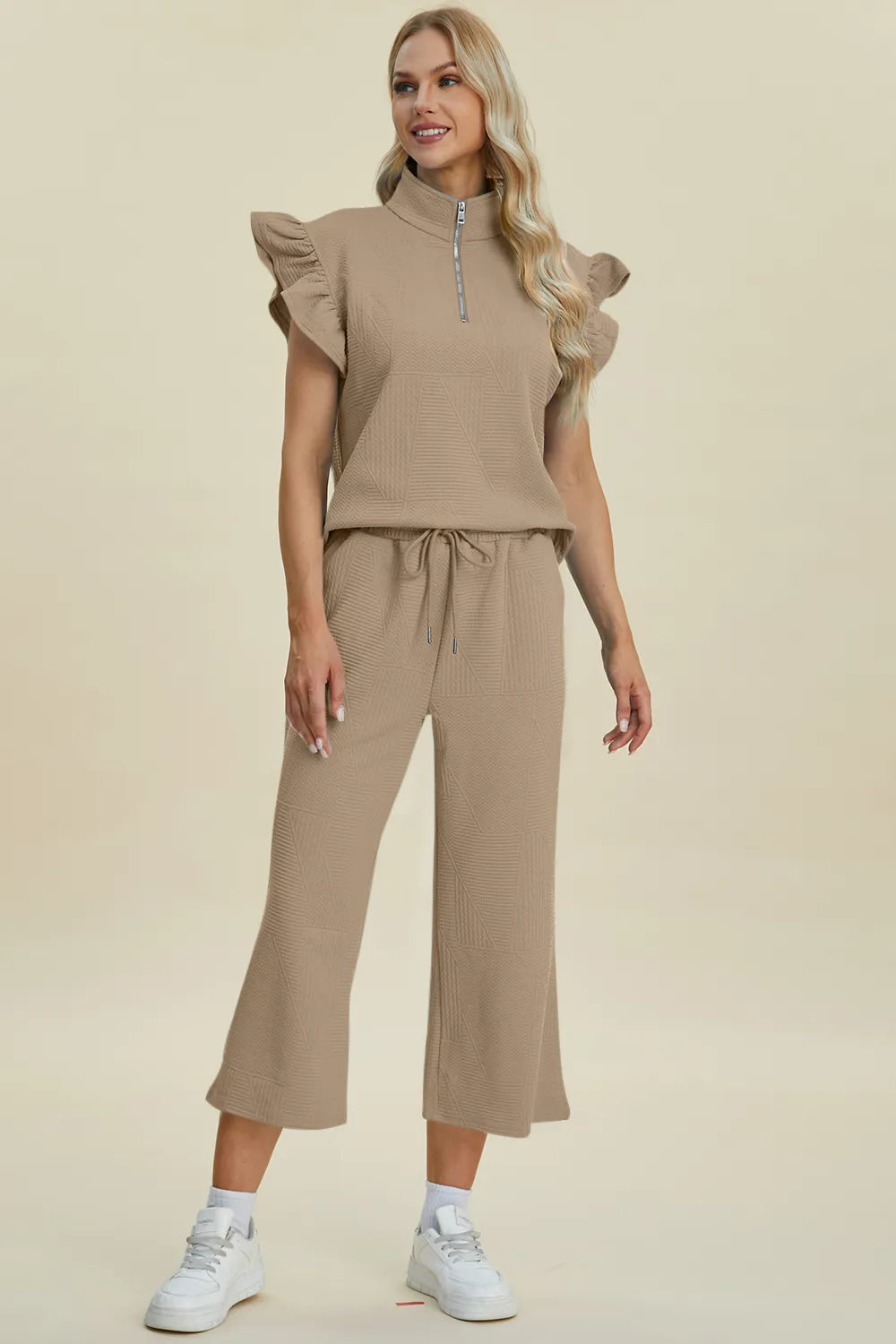 Double Take Full Size Texture Ruffle Short Sleeve Top and Wide Leg Pants Set, view 14