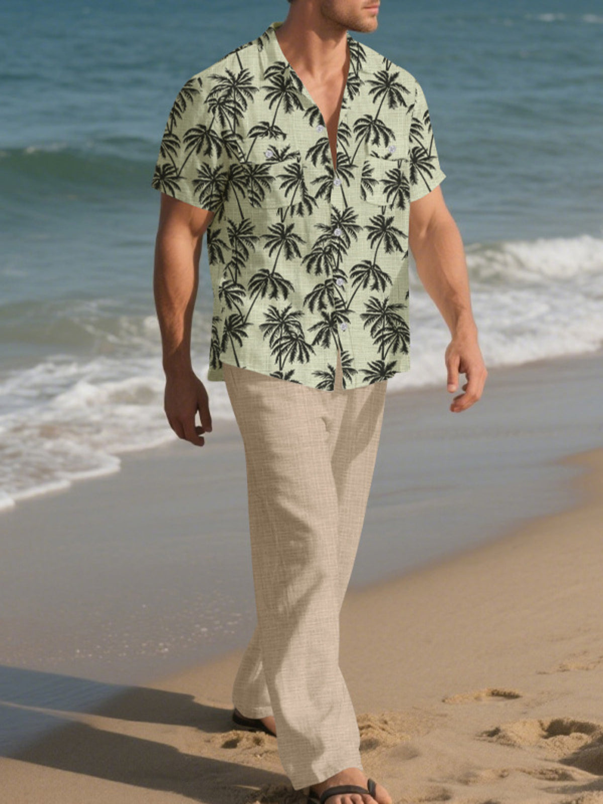 Men's Full Size Tropical Palm Print Button Up Shirt and Pants Set Plus Size - Lilixa.store