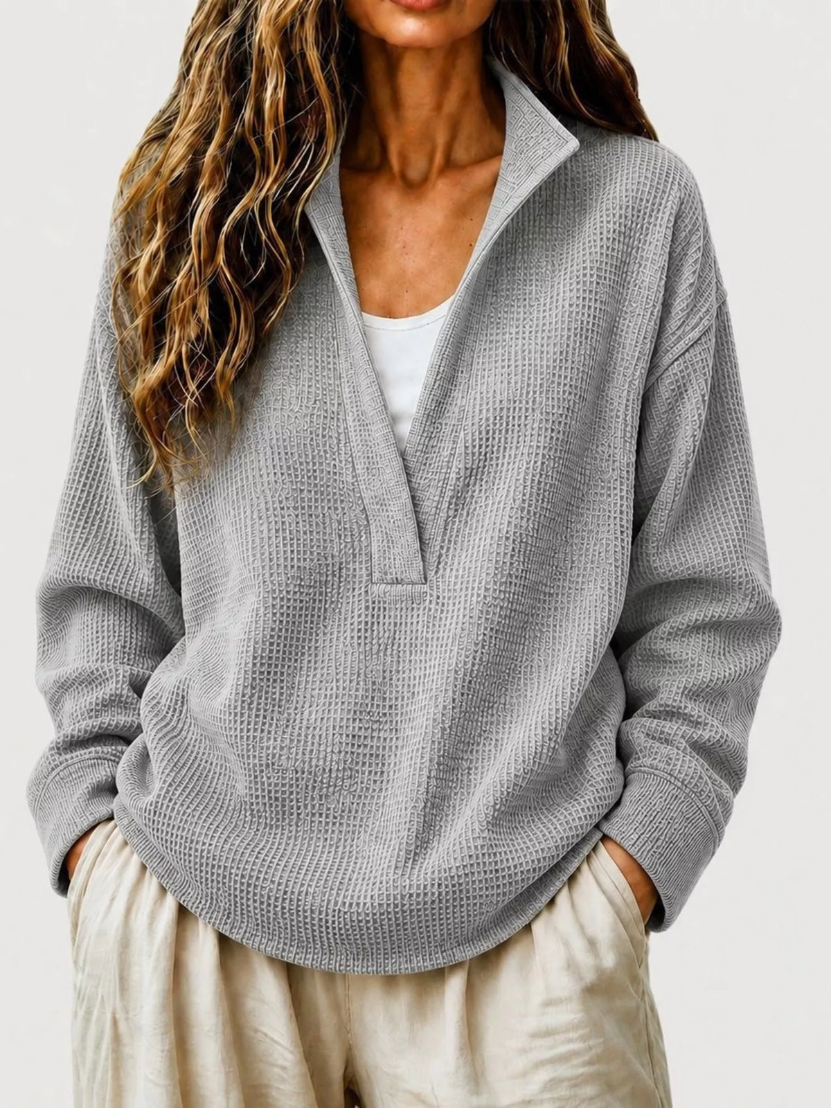 Full Size Waffle Knit Dropped Shoulder Sweatshirt Plus Size