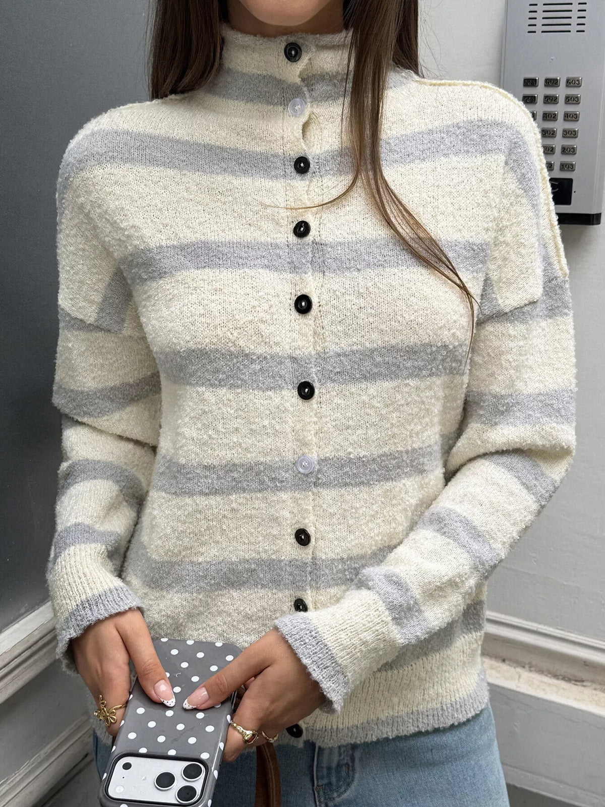 Striped Mock Neck Button-Down Textured Cardigan - Lilixa.store