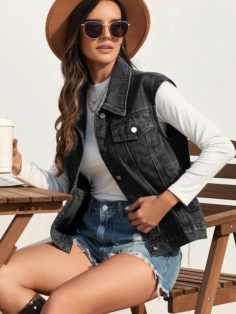 Collared Neck Sleeveless Denim Jacket in Black