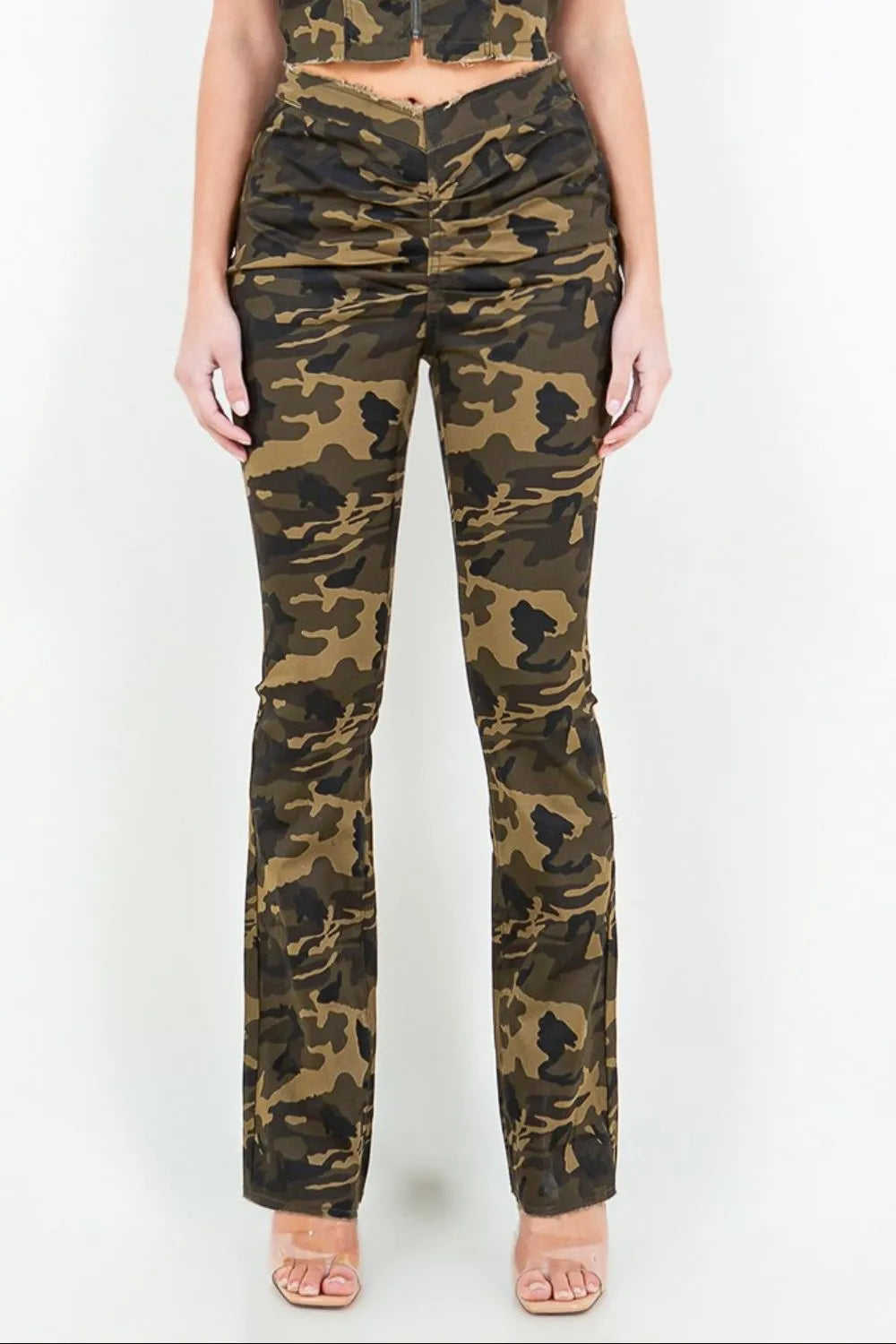 American Bazi V-Cut Ruched Camo Flare Pants - Lilixa.store