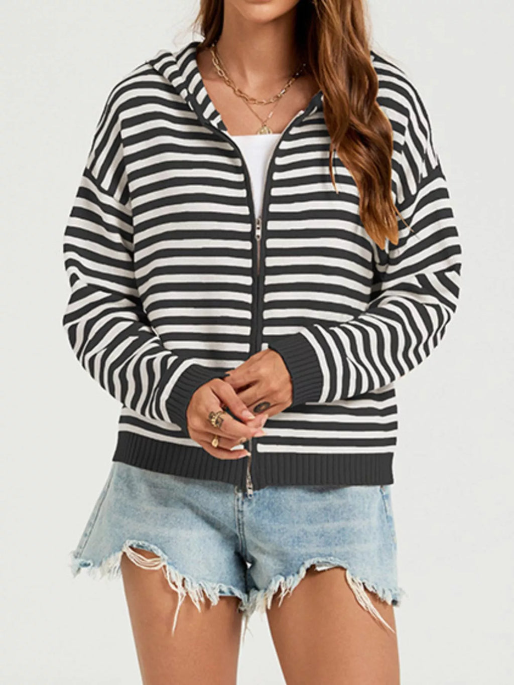 Striped Hooded Zip-Up Knit Cardigan - Lilixa.store