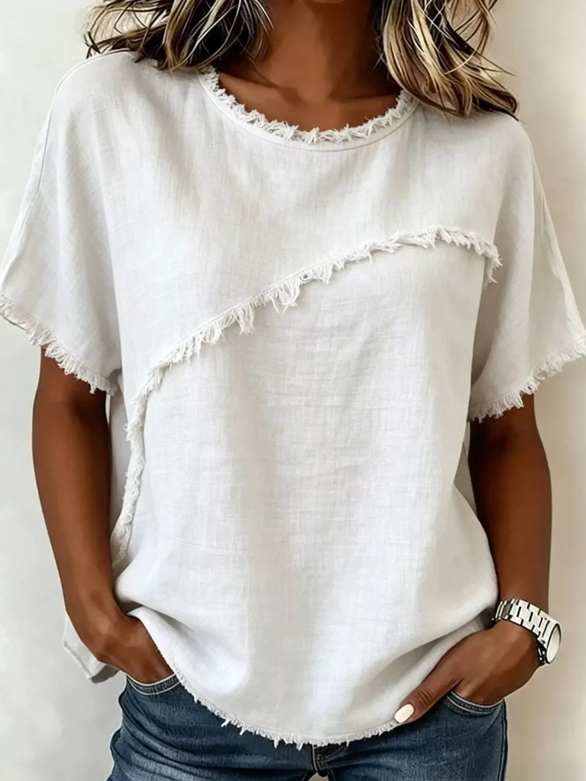 Full Size Frayed Hem Short Sleeve Top Plus Size - Lilixa.store