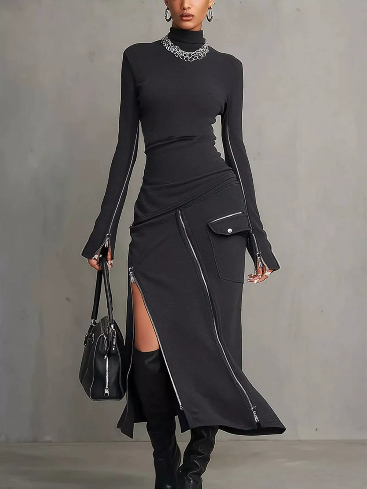 Mock Neck Long Sleeve Zipper Detail Maxi Dress