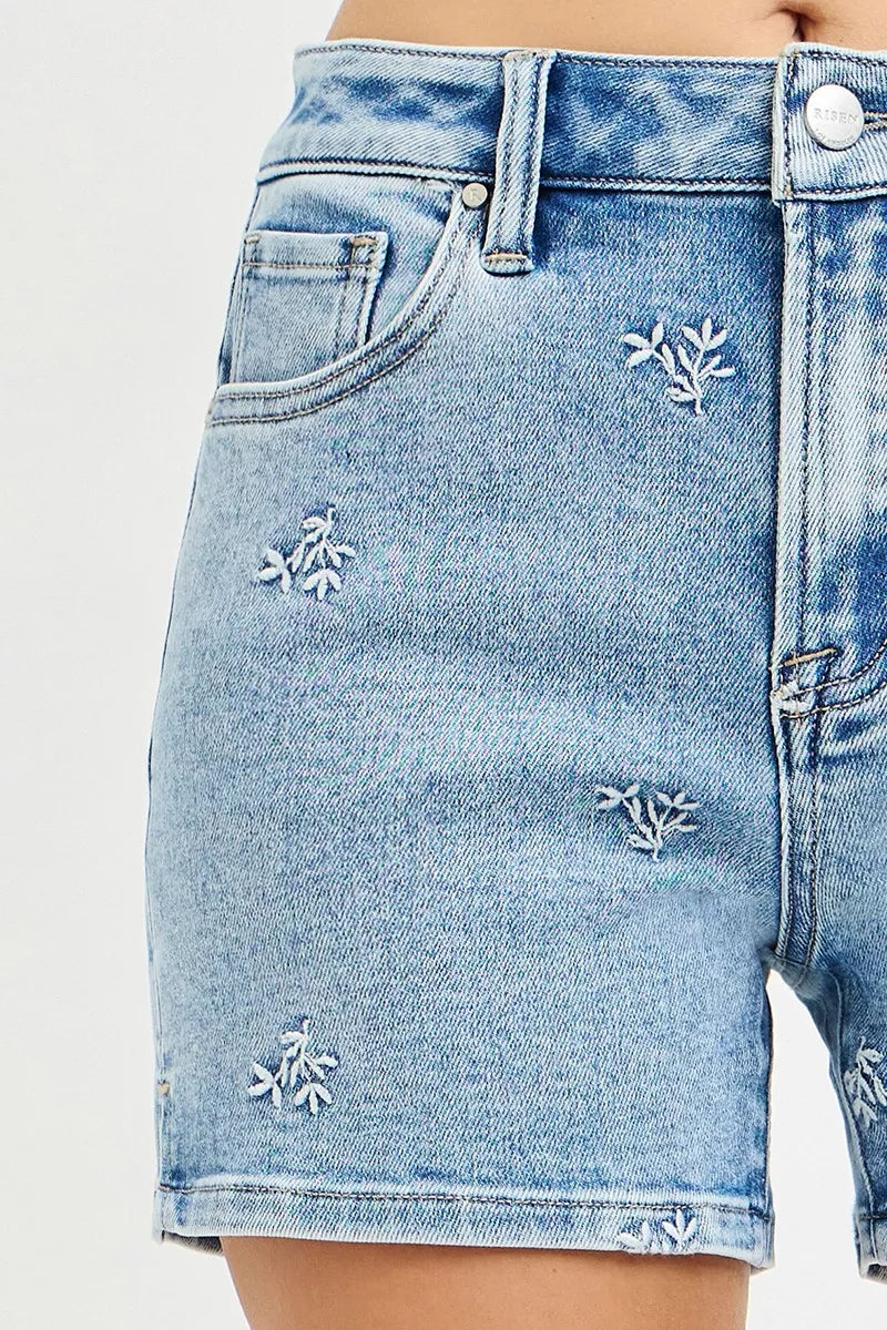 RISEN High Rise Denim Shorts with Embroidered Detail - Lilixa.store