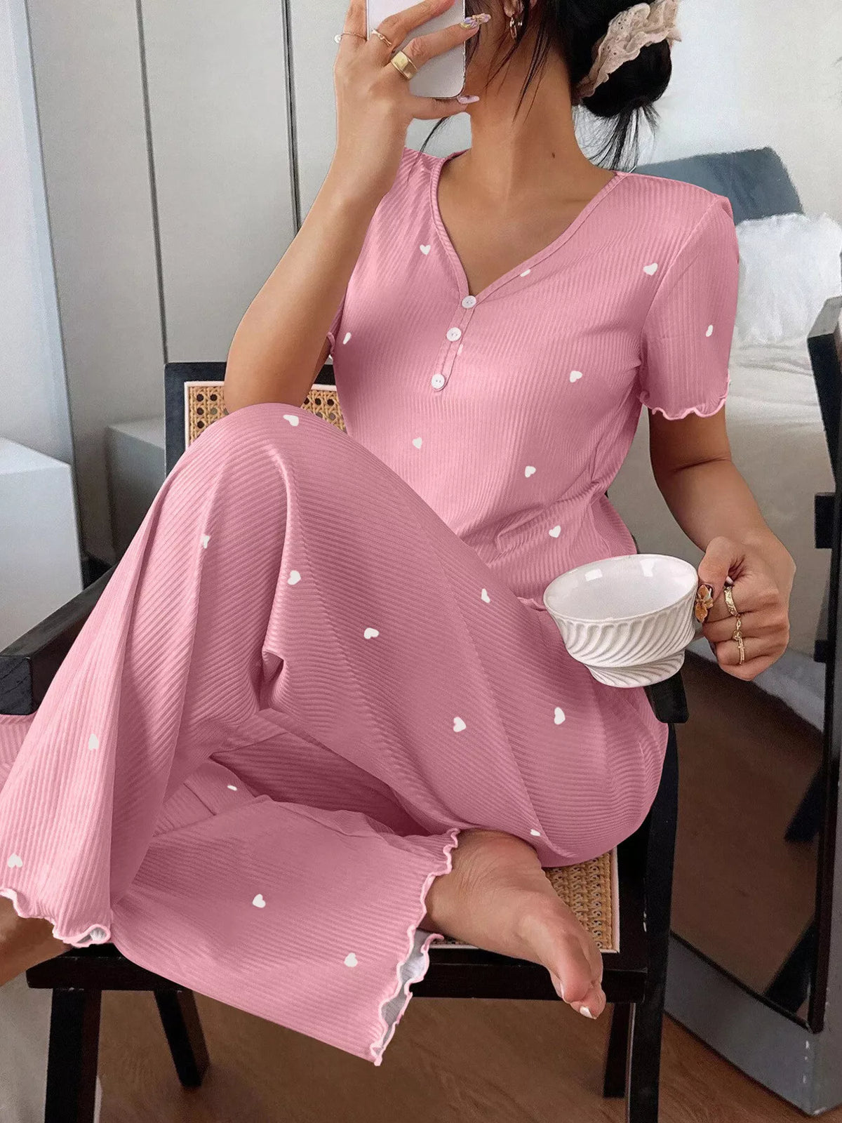 Heart Print Lettuce Trim Top and Pants Loungewear Set
