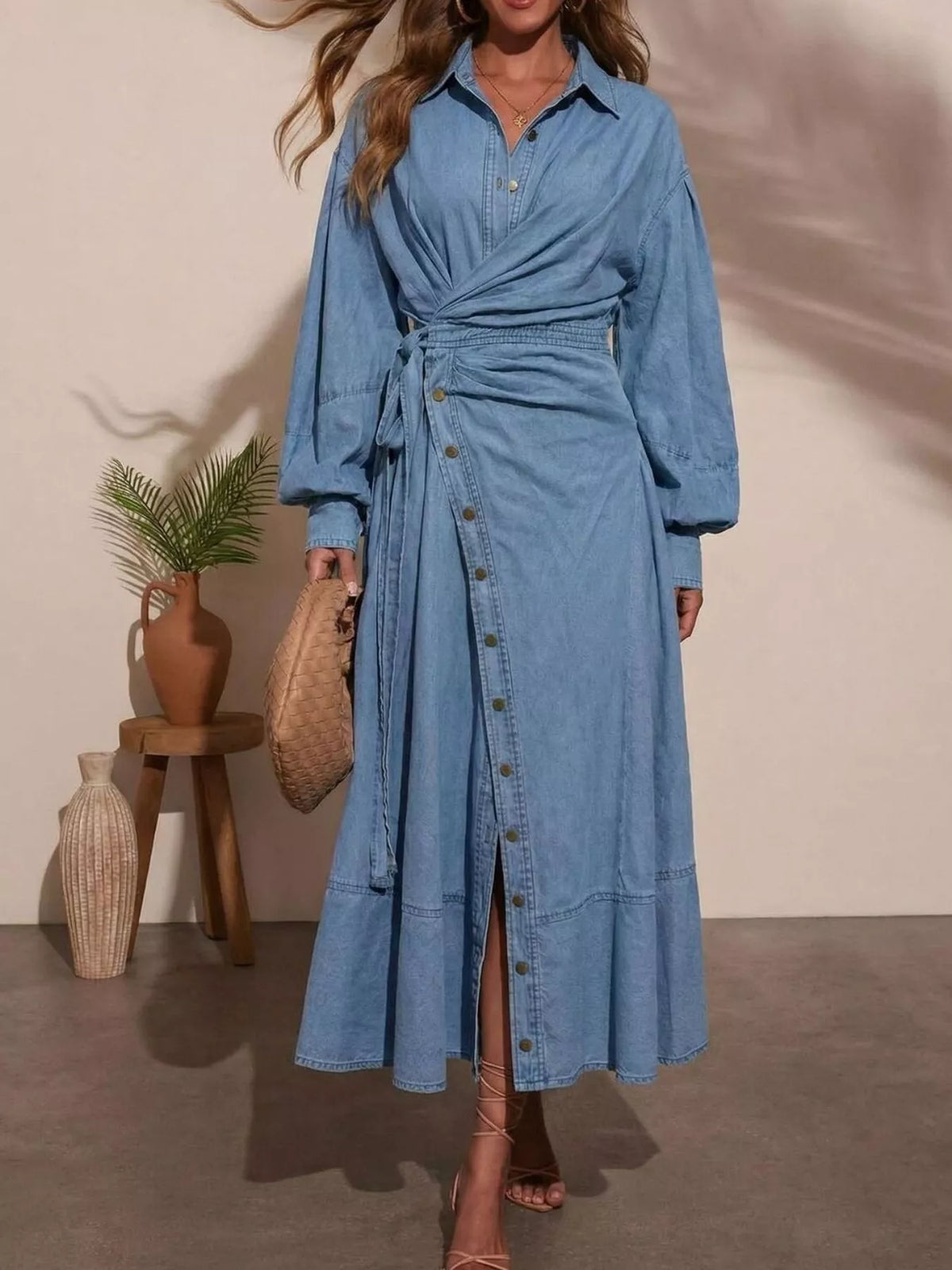 Long Sleeve Wrap-Front Denim Dress