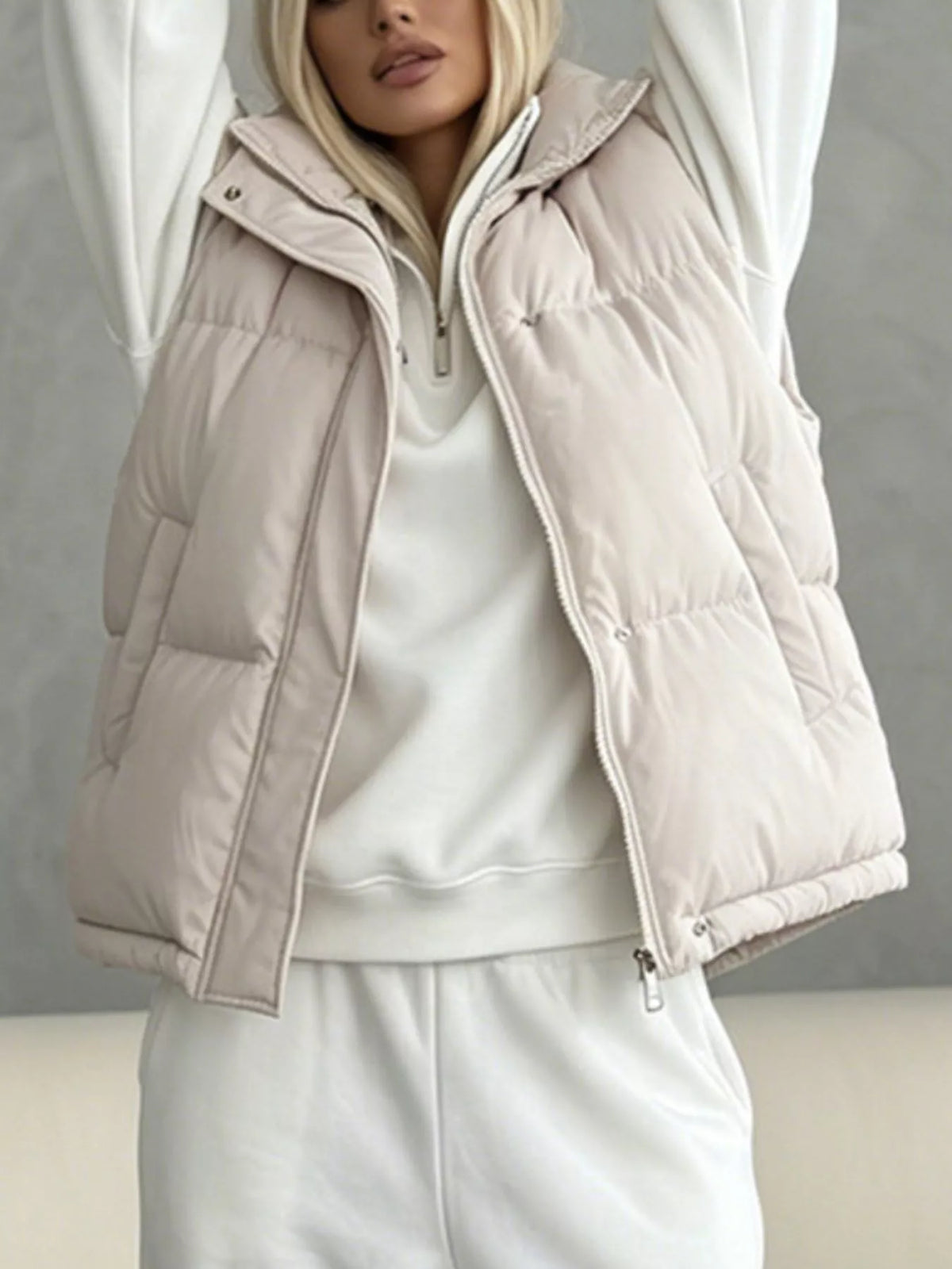 Snap-Button Placket Quilted Puffer Vest Coat in Eggshell