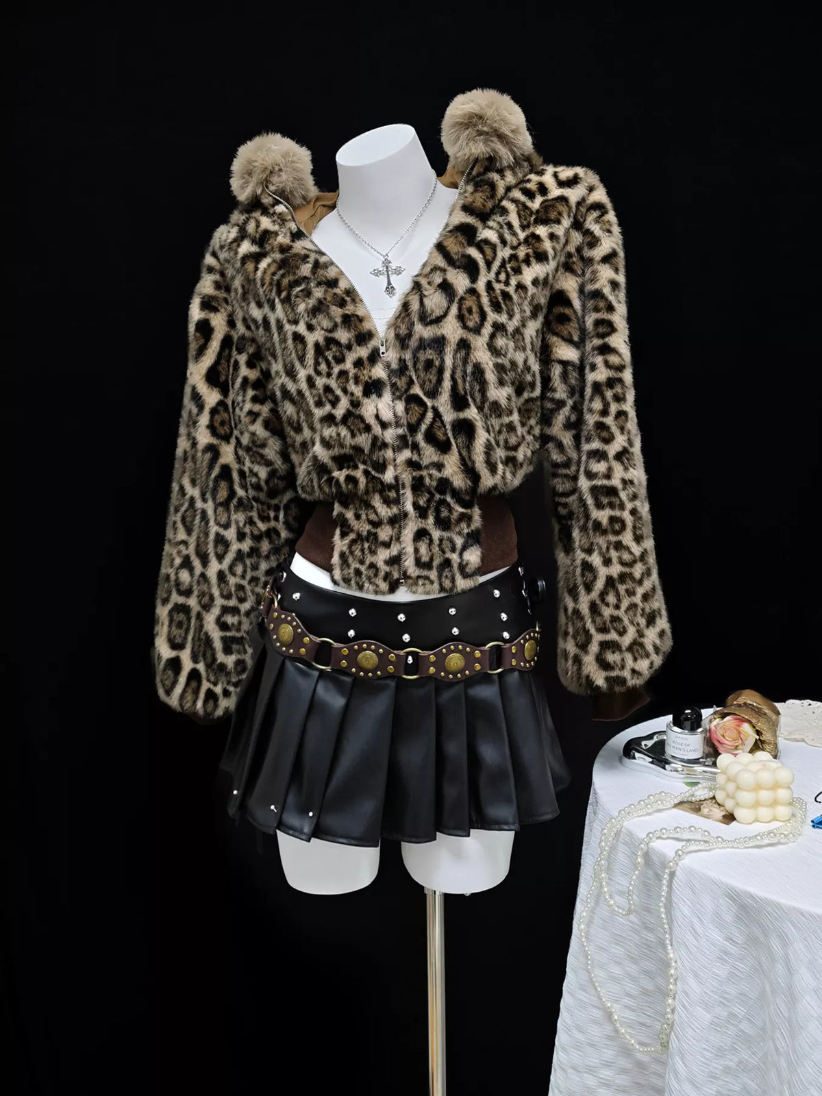 Leopard Faux Fur Hooded Outerwear in Brown, view 4