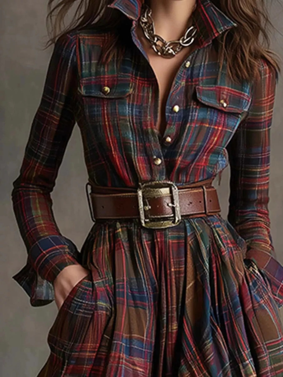 Full Size Plaid Long Sleeve Shirt Maxi Dress Plus Size