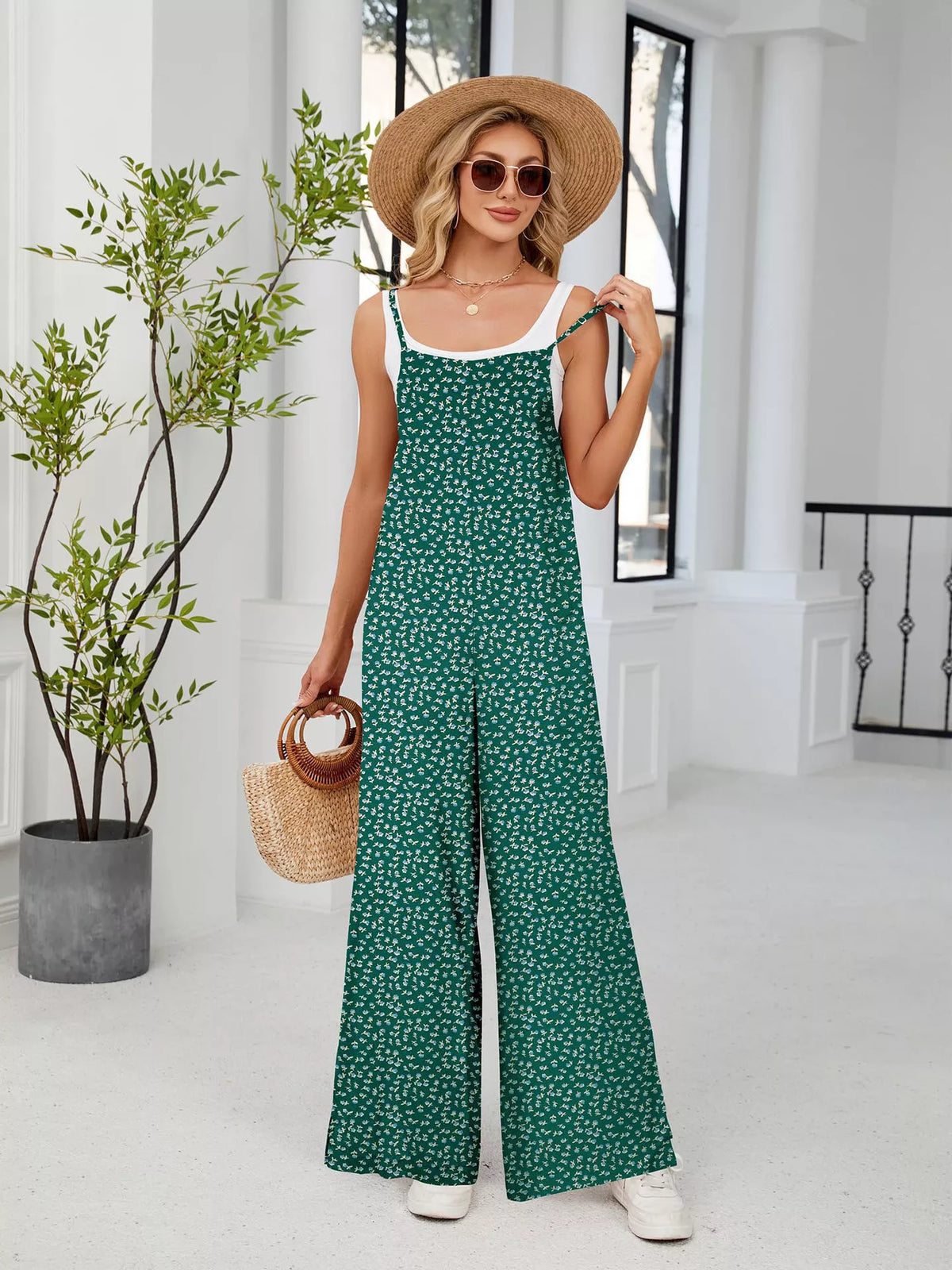 Full Size Floral Print Wide Leg Casual Jumpsuit Plus Size - Lilixa.store