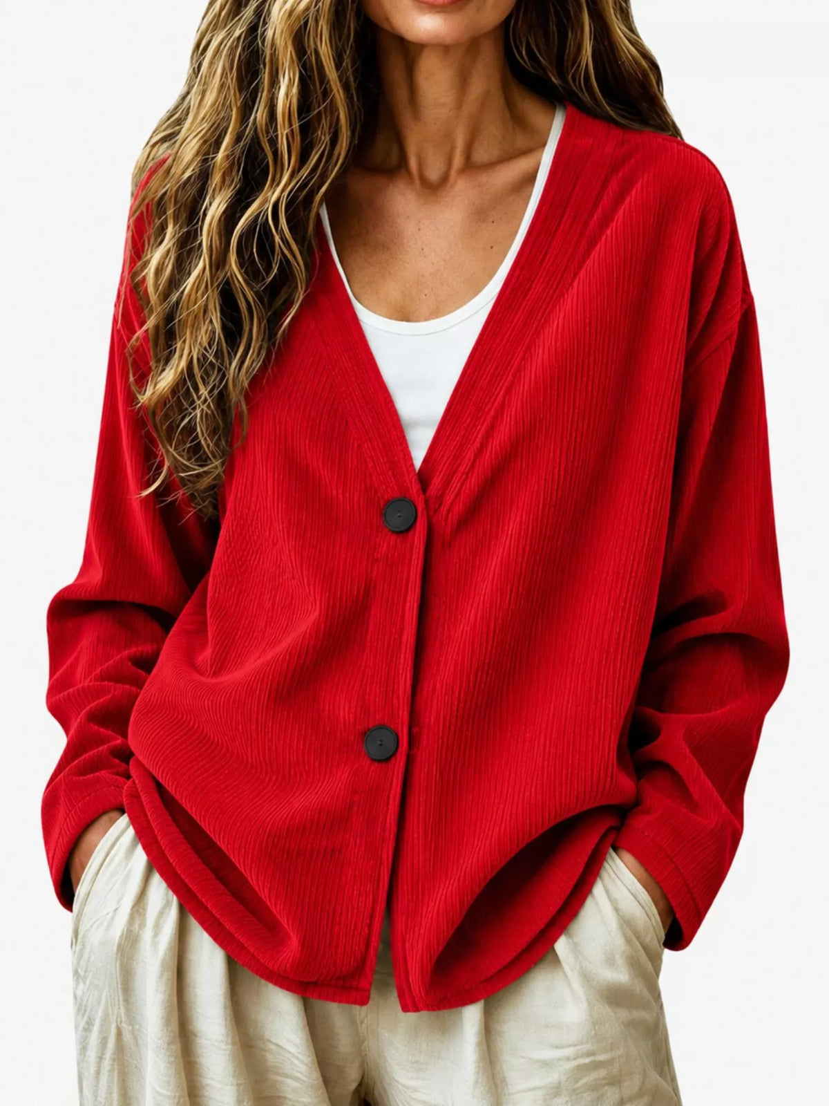 Casual Corduroy Button-Up Cardigan in Scarlet
