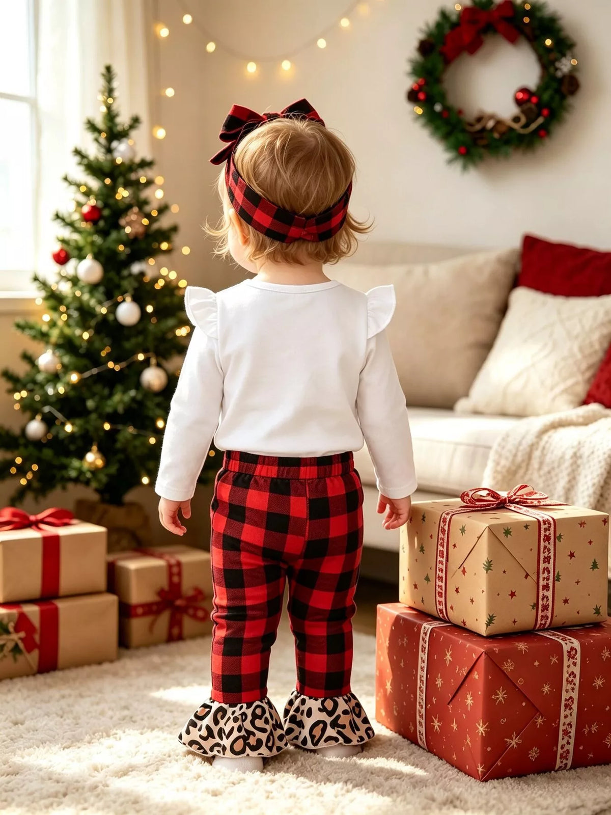Children's Christmas Tree Graphic Top and Plaid Ruffle Pants Set with Headband in Red, view 3