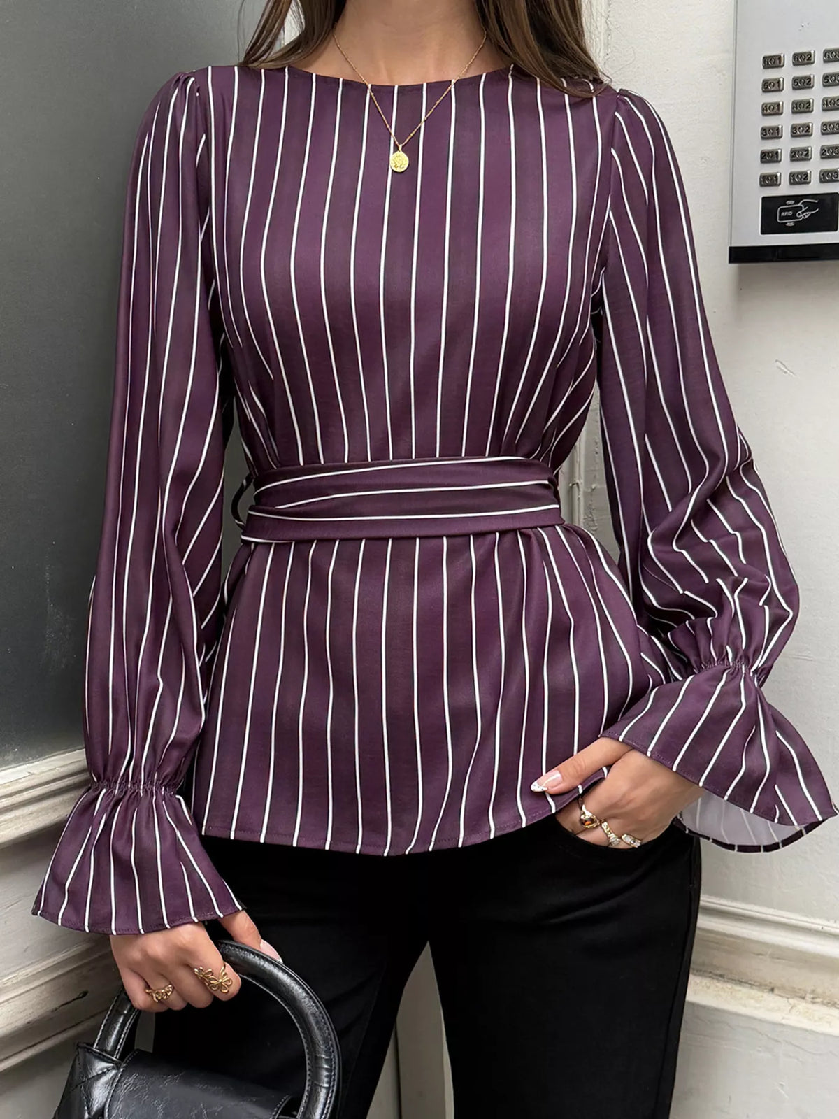 Striped Flounce Sleeves Blouse - Lilixa.store