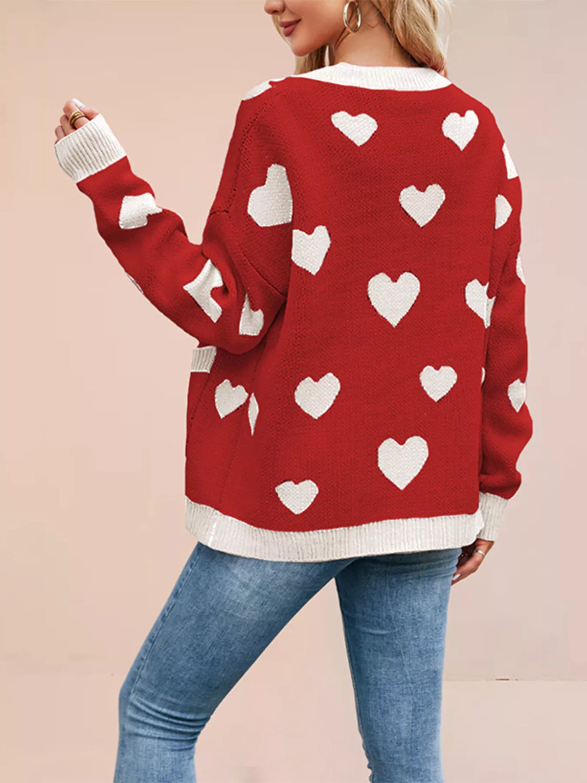 Heart Pattern V-Neck Button-Down Knit Cardigan - Lilixa.store