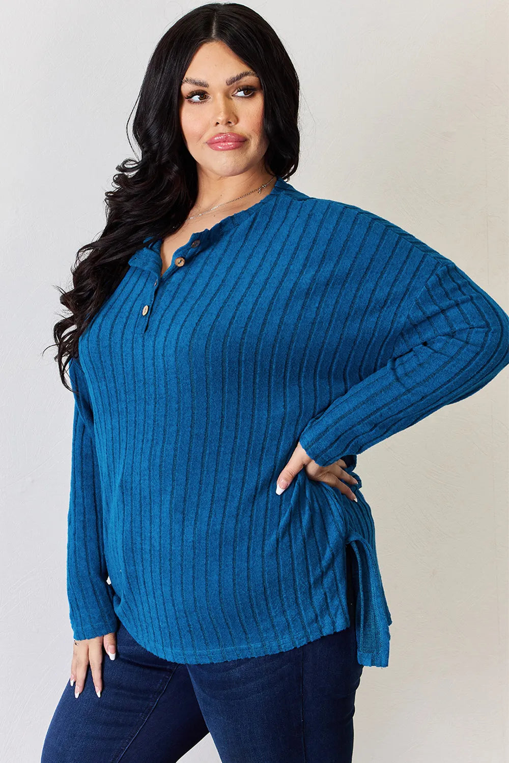 Basic Bae Full Size Ribbed Half Button Long Sleeve High-Low T-Shirt - Lilixa.store