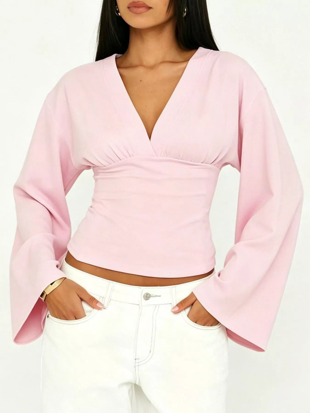V-Neck Flare Sleeve Blouse - Lilixa.store
