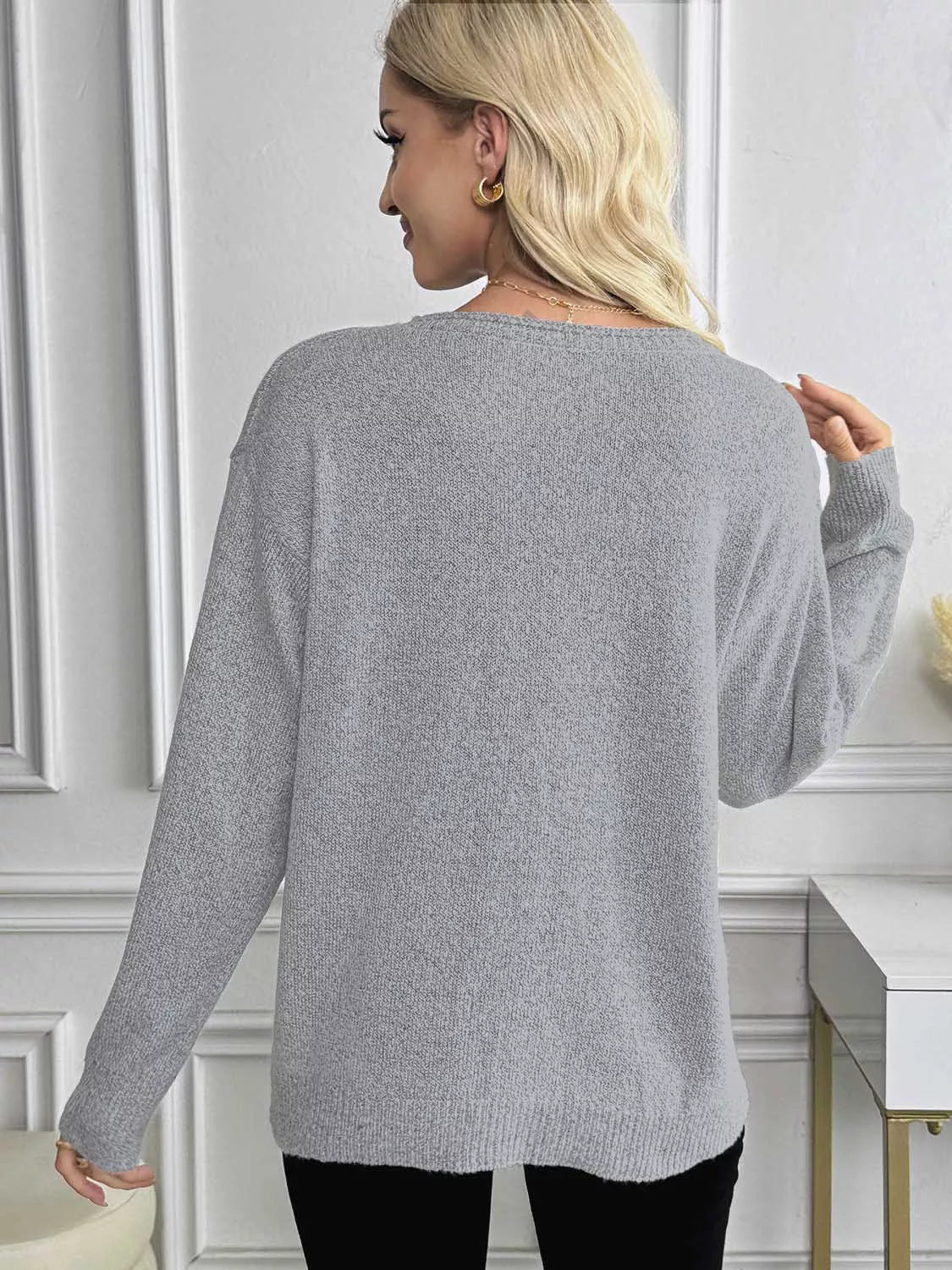 V-Neck Long Sleeve Knit Top - Lilixa.store