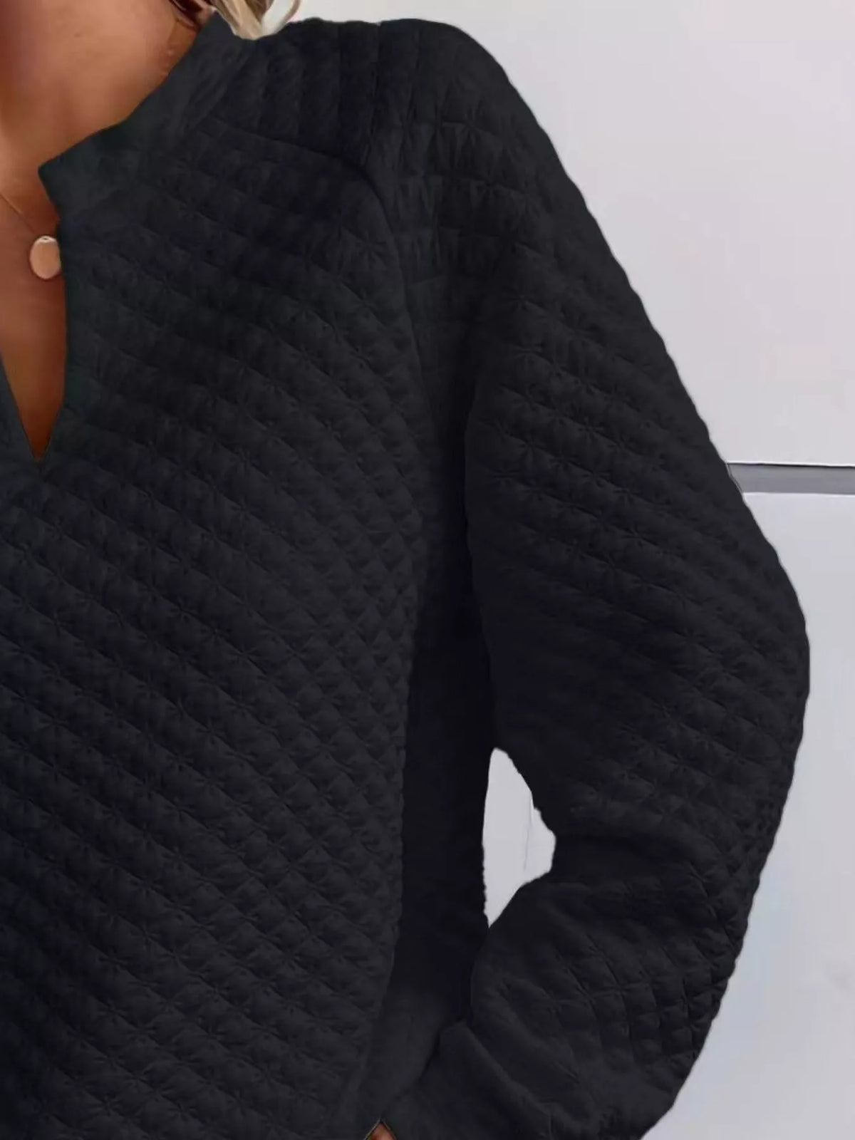 Quilted Texture Long Sleeve Sweatshirt with Notched Neck - Lilixa.store
