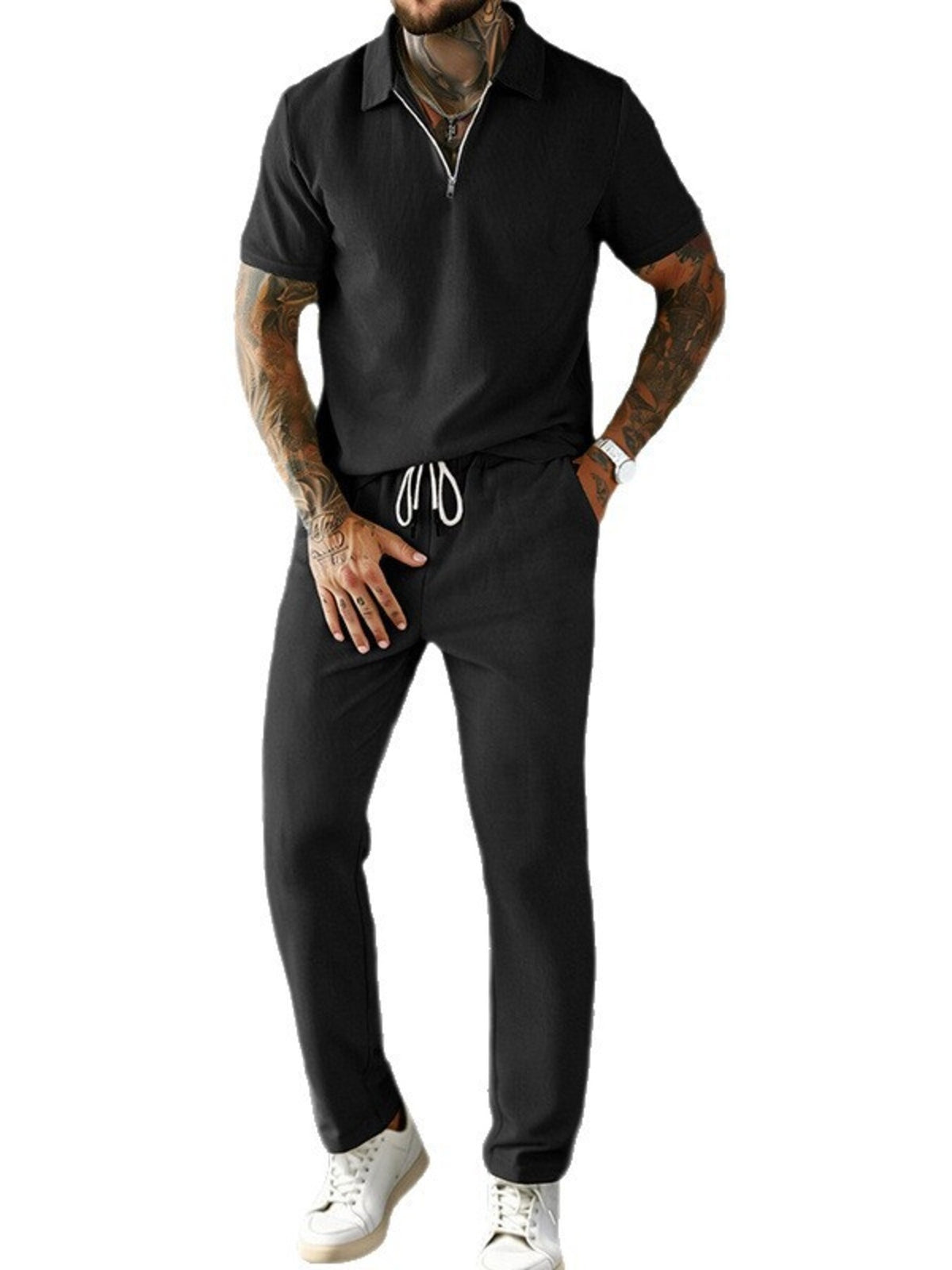 Men's Full Size Casual Zipper Polo Shirt and Drawstring Pants Set Plus Size - Lilixa.store