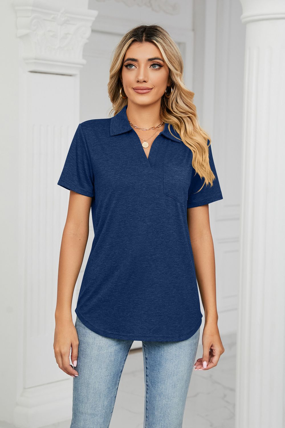 Curved Hem Johnny Collar Polo Shirt in Navy