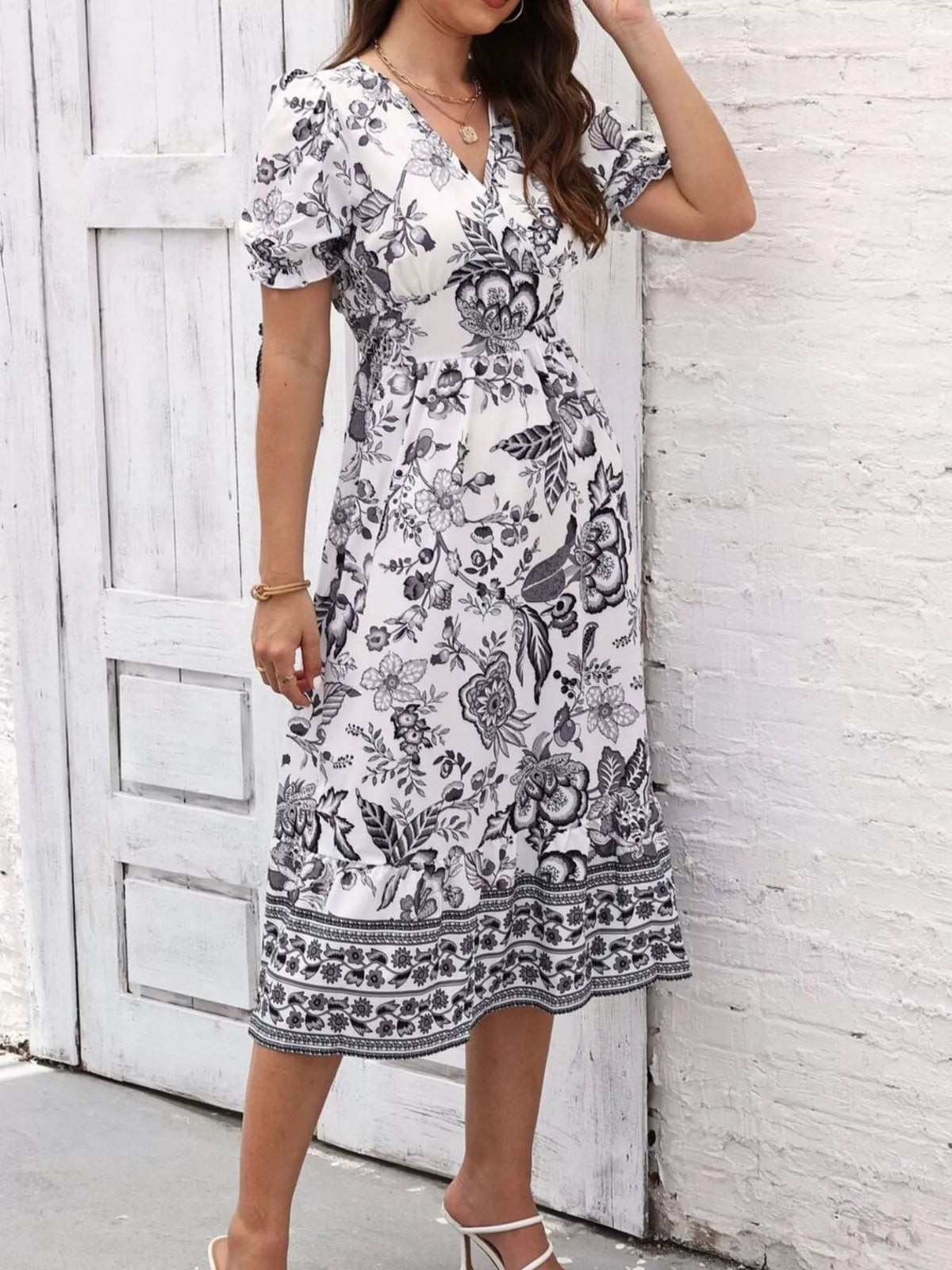 Floral Print Puff Sleeve Wrap Midi Dress
