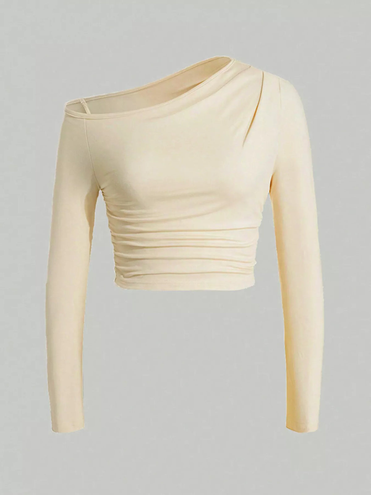 One-Shoulder Ruched Long Sleeve Crop T-Shirt in Apricot